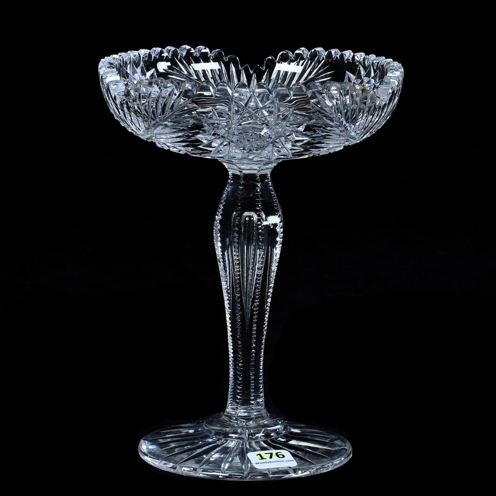 Compote, American Brilliant Cut Glass, Neola Pattern By Libbey: Compote, American Brilliant Cut Glass, Neola Pattern By Libbey, 8 x 6 x 6 Inches, Notched Teardrop Stem, Ray Foot, 2.5 Pounds, Private Collection, New Jersey. Effective 6/6/26, All LiveAuctioneers Inv