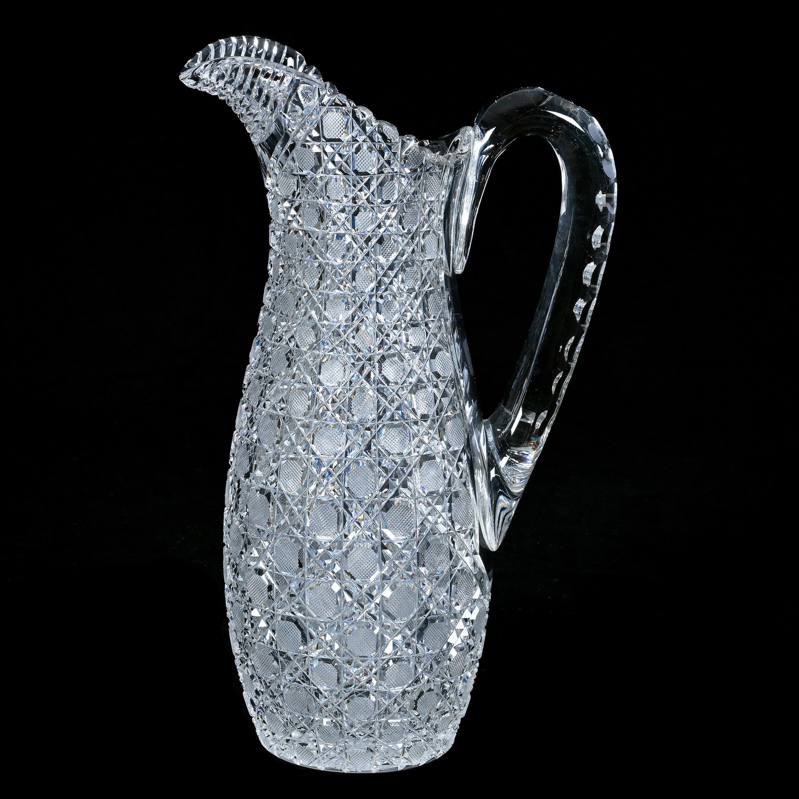 Tankard, American Brilliant Cut Glass: Tankard, American Brilliant Cut Glass, 13.25 x 8 x 4.75 Inches, Full Harvard Pattern, Step Cut Spout, Double Notched Handle, Pattern Cut Base, 6.7 Pounds, Private Collection, New Jersey. Effective 6/6