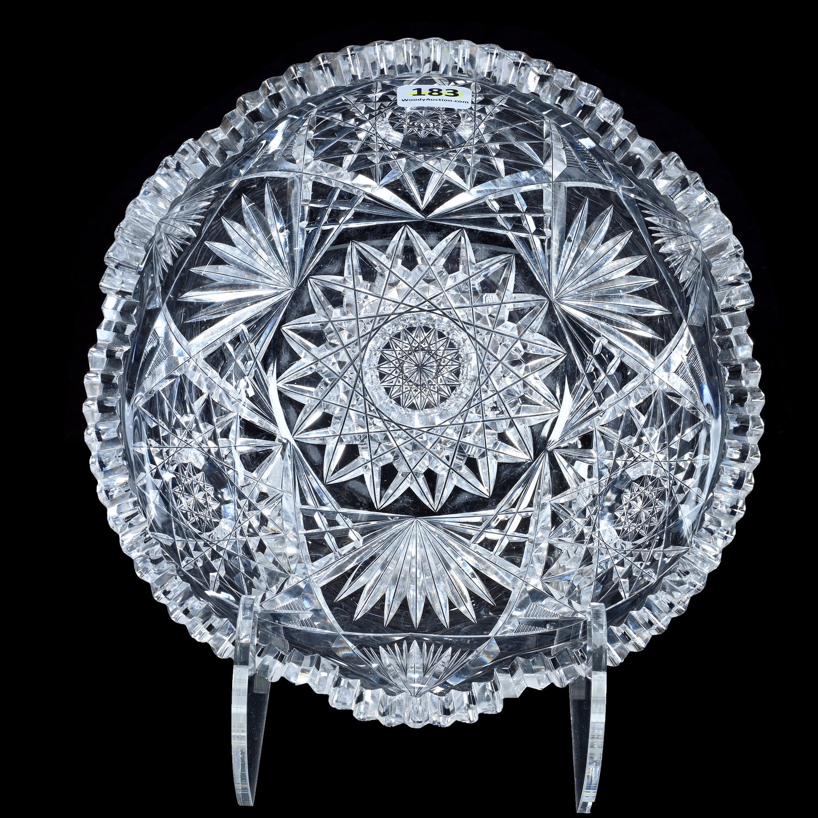 Bowl, American Brilliant Cut Glass, Signed Fry: Bowl, American Brilliant Cut Glass, Signed Fry, 8 x 8 x 3 Inches, Three Alternating Sections Of Hobstar And Fan Motif, Rim Chip, 2.9 Pounds, Private Collection, New Jersey. Effective 6/6/26, All LiveA