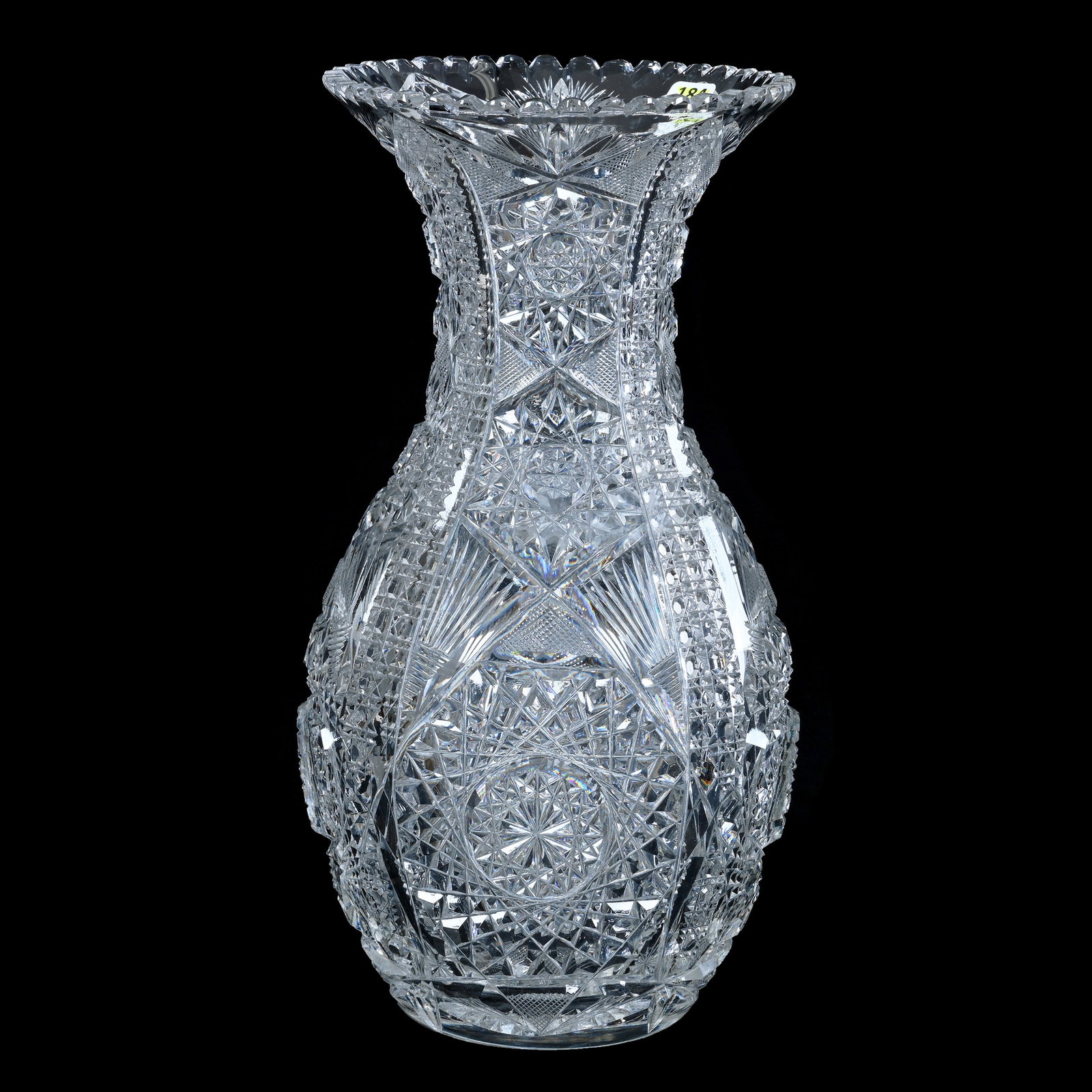 Vase, American Brilliant Cut Glass: Vase, American Brilliant Cut Glass, 14 x 7 x 7 Inches, Hobstar, Crosscutting, Cane, And Fan Motif, Hobstar Cut Base, 8.8 Pounds, Mitchell Caughman Collection, Colorado. Effective 6/6/26, All LiveAucti