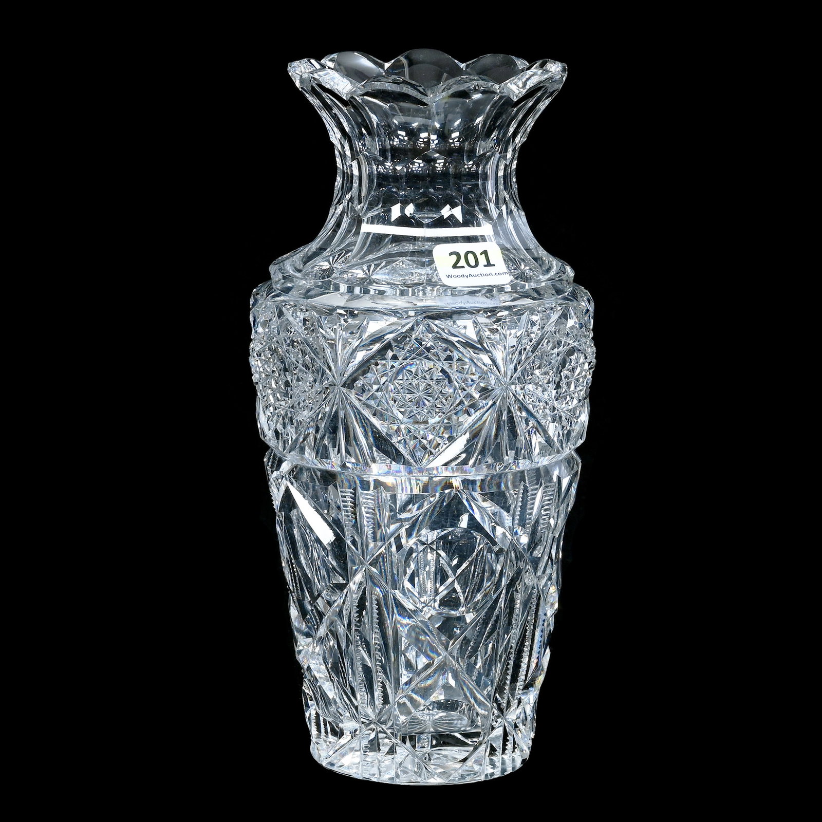 Vase, American Brilliant Cut Glass, Signed Hawkes, Navarre Pattern: Vase, American Brilliant Cut Glass, Signed Hawkes, Navarre Pattern, 9 x 4.25 x 4.25 Inches, Ray Cut Base, Two Outside Rim Chips, 3 Pounds, Mitchell Caughman Collection, Colorado. Effective 6/6/26, All