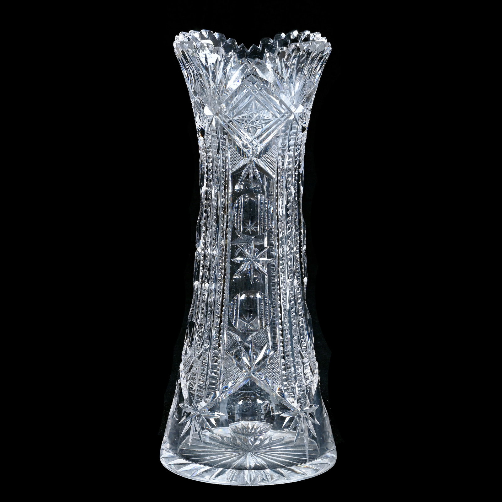 Vase, American Brilliant Cut Glass, Signed J. Hoare: Vase, American Brilliant Cut Glass, Signed J. Hoare, 12.25 x 5 x 5 Inches, Panels Of Prism, Bullseye, Crosscutting, Star, Hobstar, Miter, And Fan Motif, Ray Cut Base, Rim Chips, 5 Pounds, Mitchell Cau