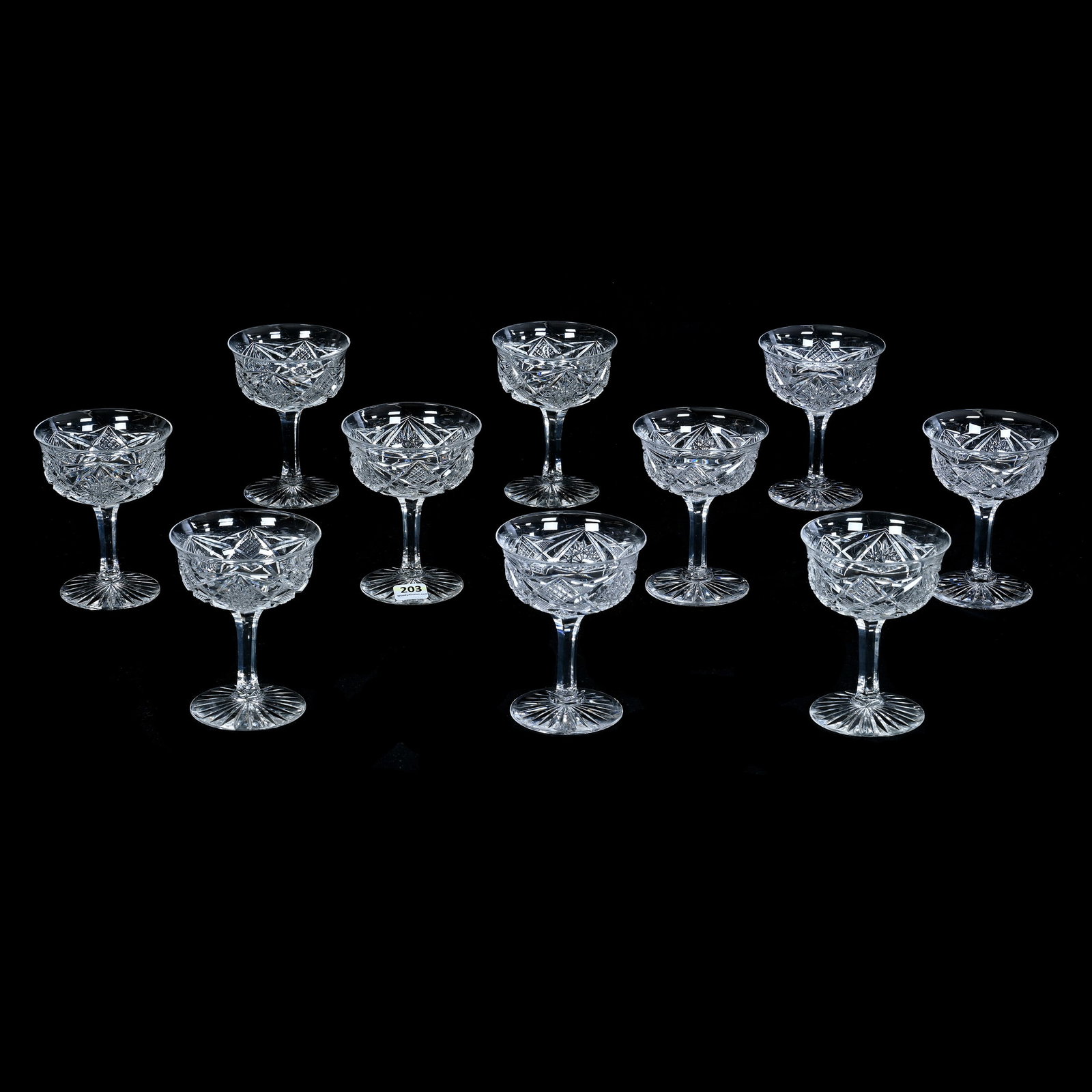 (10) Champagne Stems, American Brilliant Cut Glass, Signed Clark, Yolande Pattern (1 of 5)