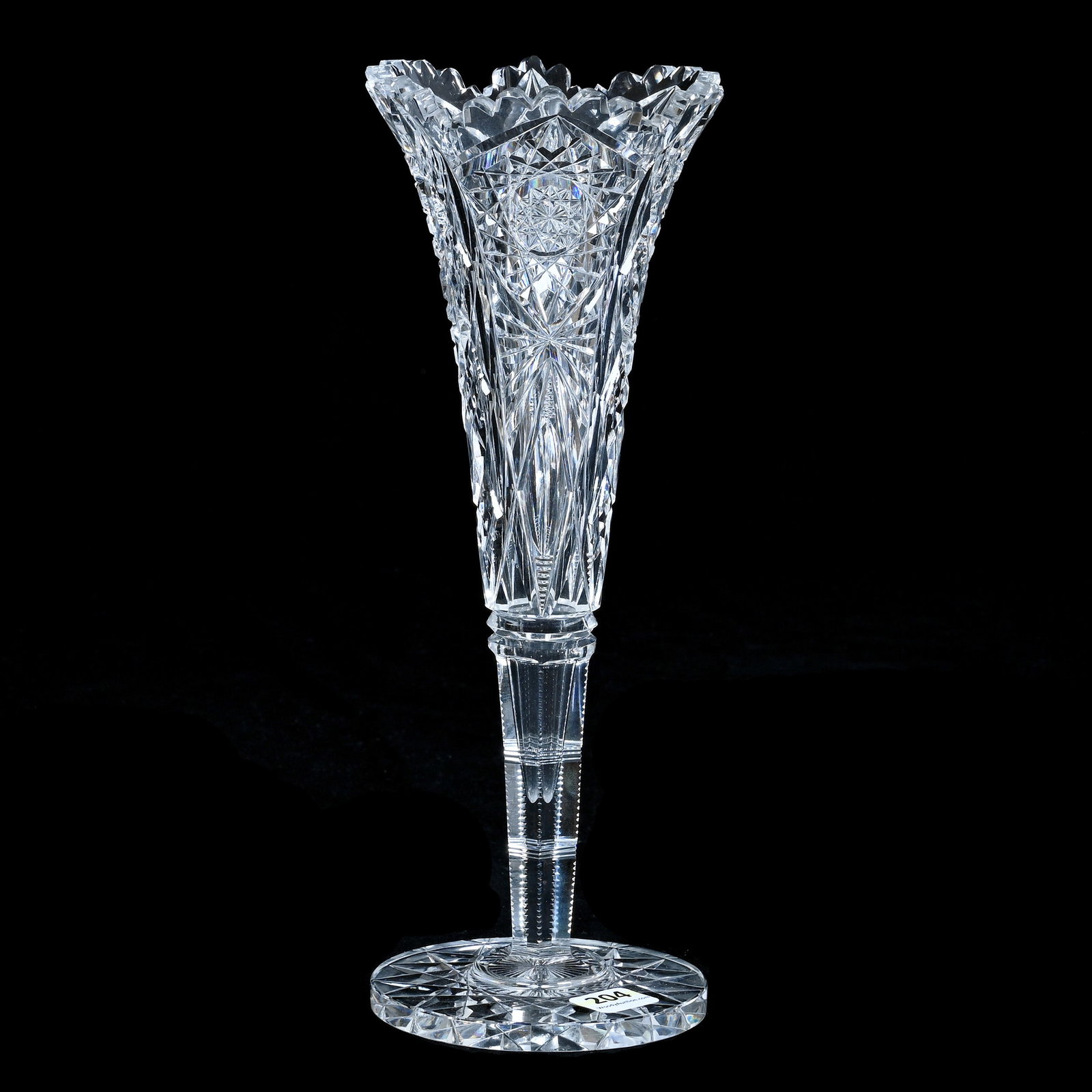 Trumpet Vase, American Brilliant Cut Glass, Signed Hawkes: Trumpet Vase, American Brilliant Cut Glass, Signed Hawkes, 10.5 x 4 x 4 Inches, Hobstar, Fan, And Diamond Motif, Hobstar Cut Foot, 1.5 Pounds, Mitchell Caughman Collection, Colorado. Effective 6/6/26,