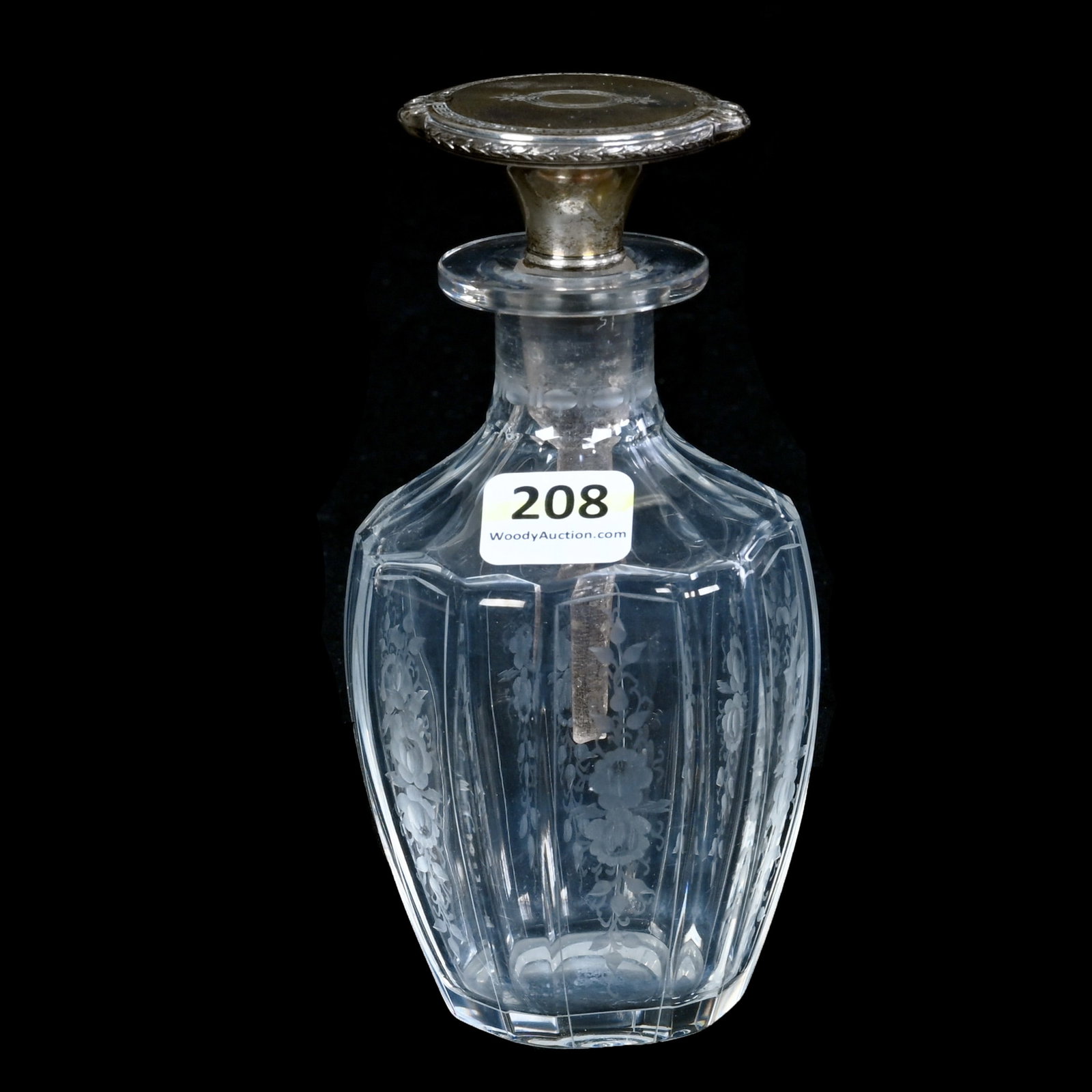 Perfume Bottle, American Brilliant Cut Glass: Perfume Bottle, American Brilliant Cut Glass, 5.5 x 2.75 x 2.75 Inches, Flute And Engraved Floral Motif In The Style Of Hawkes Or Sinclairee, Sterling Silver Stopper, Dauber With Chips And Damage, 0.8