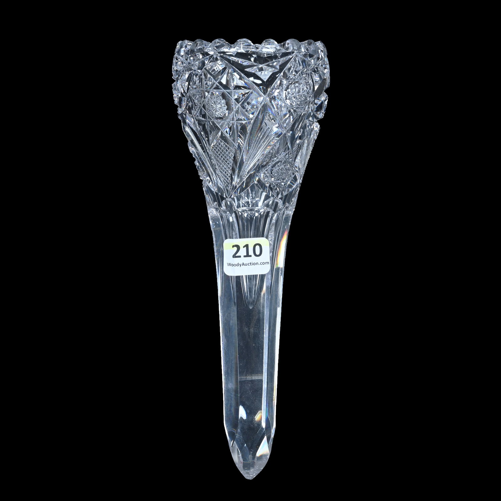 Car Vase, American Brilliant Cut Glass, Signed Hawkes, Holland Pattern (Also Known As Centauri): Car Vase, American Brilliant Cut Glass, Signed Hawkes, Holland Pattern (Also Known As Centauri), 8.25 x 3 x 3 Inches, Quality Blank, No Metal Hardware, Rare Form, 1.1 Pounds, Mitchell Caughman Collect
