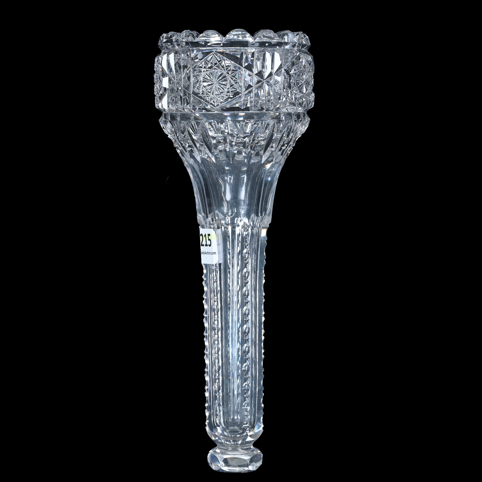 Car Vase, American Brilliant Cut Glass, Signed Hawkes: Car Vase, American Brilliant Cut Glass, Signed Hawkes, 8.5 x 3 x 3 Inches, Hobstar, Prism, And Miter Motif, Clear Blank, No Metal Hardware, 1.1 Pounds, Mitchell Caughman Collection, Colorado. Effectiv