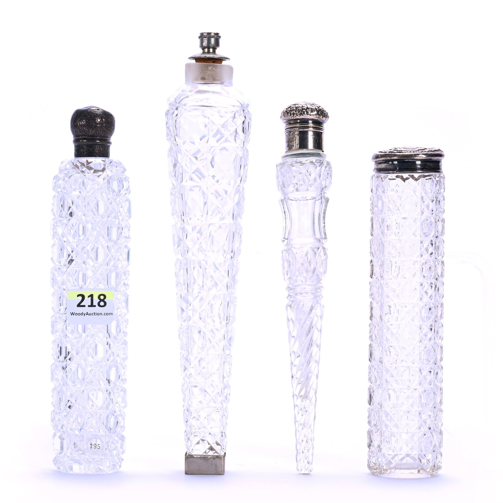 (4) Vanity Items, Brilliant Period Cut Glass: (4) Vanity Items, Brilliant Period Cut Glass, 7.75 x 1.75 x 1.75 Inches, Includes (1) Four Sided Cane Pattern With Replacement Top, (1) 6.25" Toothbrush Holder With Loose Sterling Top, (1) 7" Cane Pat