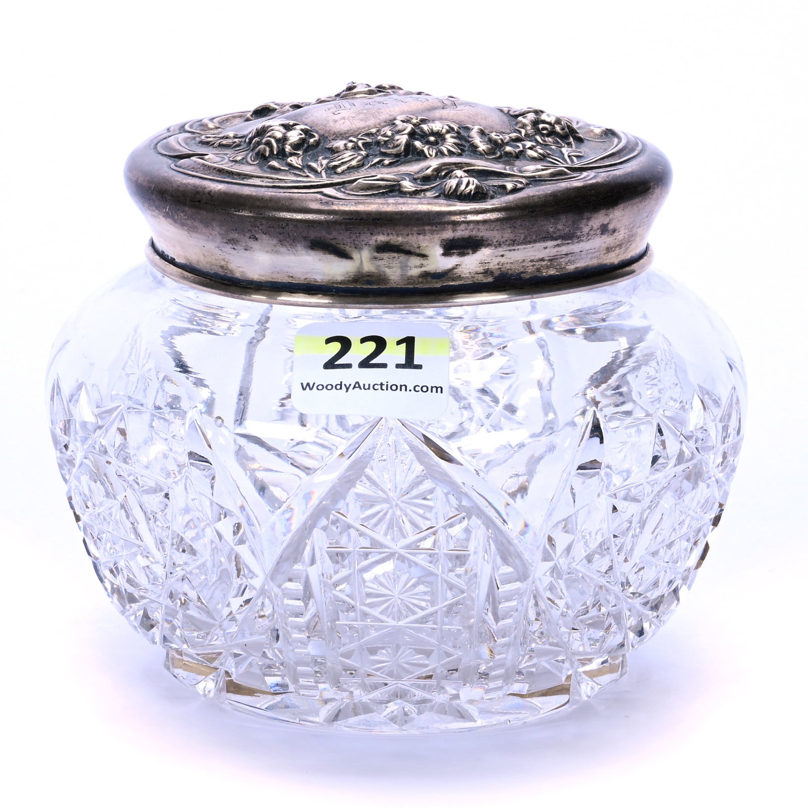 Powder Box, American Brilliant Cut Glass: Powder Box, American Brilliant Cut Glass, 3.5 x 4.25 x 4.25 Inches, Hobstar, Star Button, And Prism Motif, Ray Cut Base, Embossed Sterling Silver Top, 1.1 Pounds, Mitchell Caughman Collection, Colorad