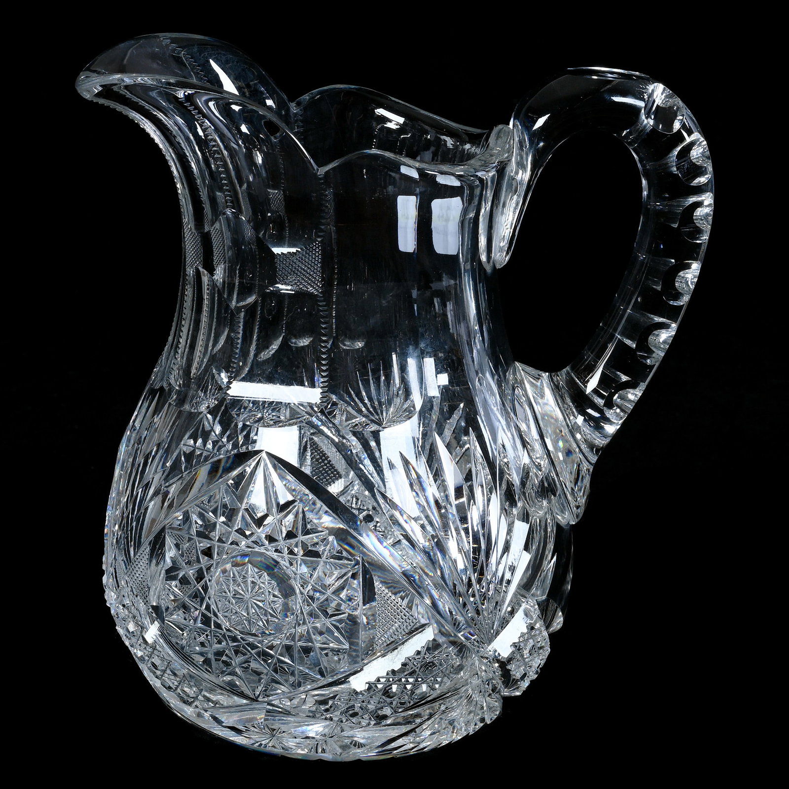 Water Pitcher, American Brilliant Cut Glass: Water Pitcher, American Brilliant Cut Glass, 8 x 7.5 x 5.5 Inches, Hobstar, Cane, Crosscutting, Star, And Fan Motif, Double Notched Handle, Ray Cut Base, 4.9 Pounds, Mitchell Caughman Collection, Colo