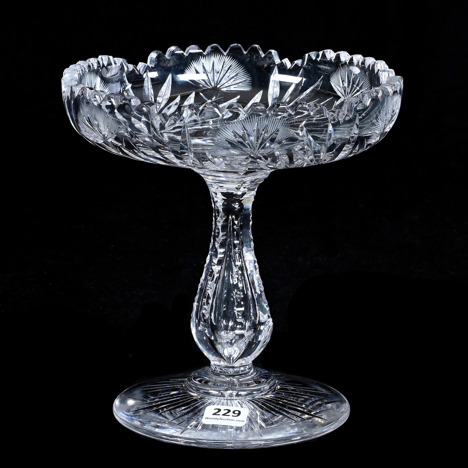 Compote, American Brilliant Cut Glass: Compote, American Brilliant Cut Glass, 7 x 6.75 x 6.75 Inches, Engraved Thistle Pattern, Notched Teardrop Stem, Ray Cut Foot, 2.9 Pounds, Mitchell Caughman Collection, Colorado. Effective 6/6/26, All 