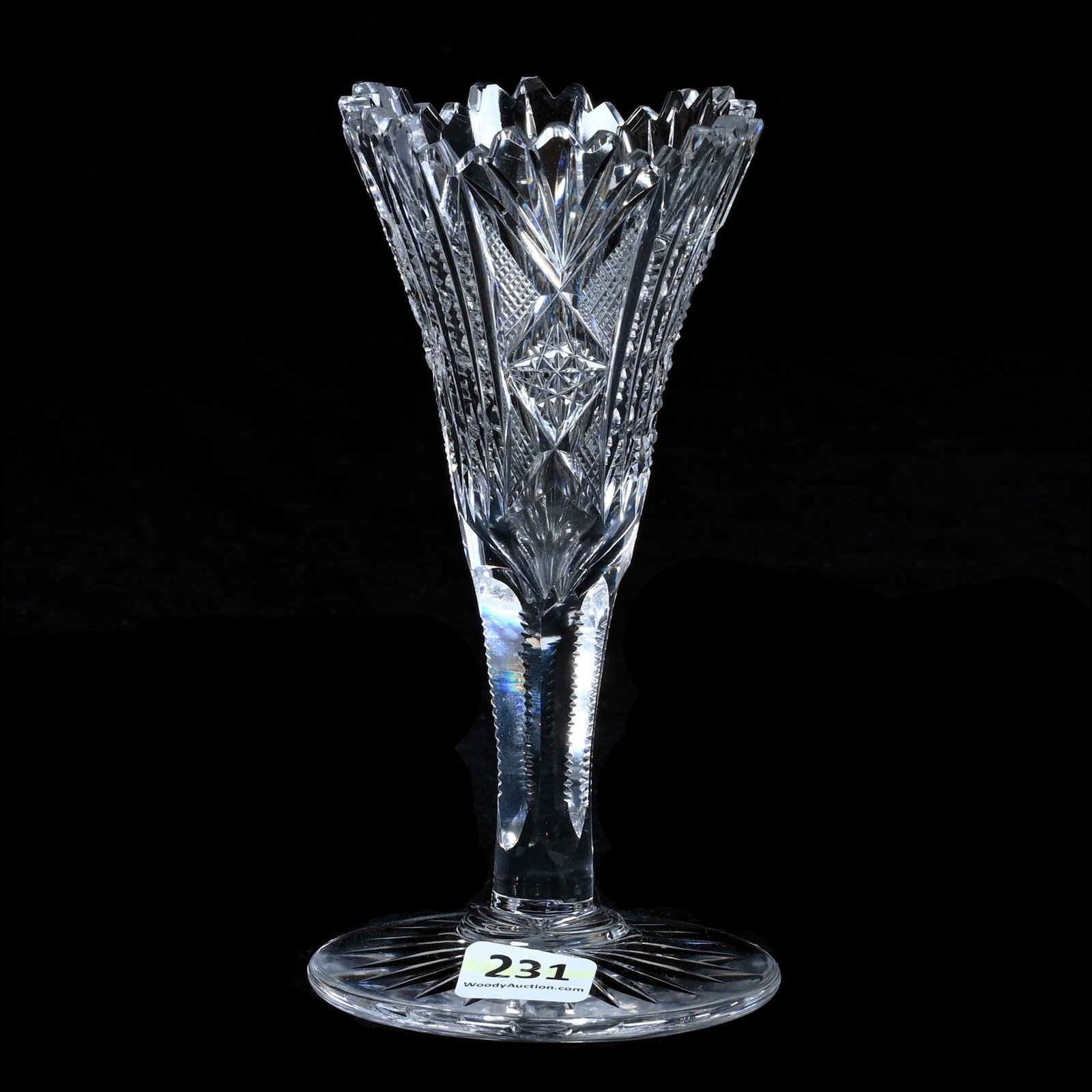 Trumpet Vase, American Brilliant Cut Glass: Trumpet Vase, American Brilliant Cut Glass, 6 x 3 x 3 Inches, Prism, Hobstar, Crosscutting, And Fan Motif, Ray Cut Foot, Small Tooth Nick, 0.6 Pounds, Mitchell Caughman Collection, Colorado. Effective