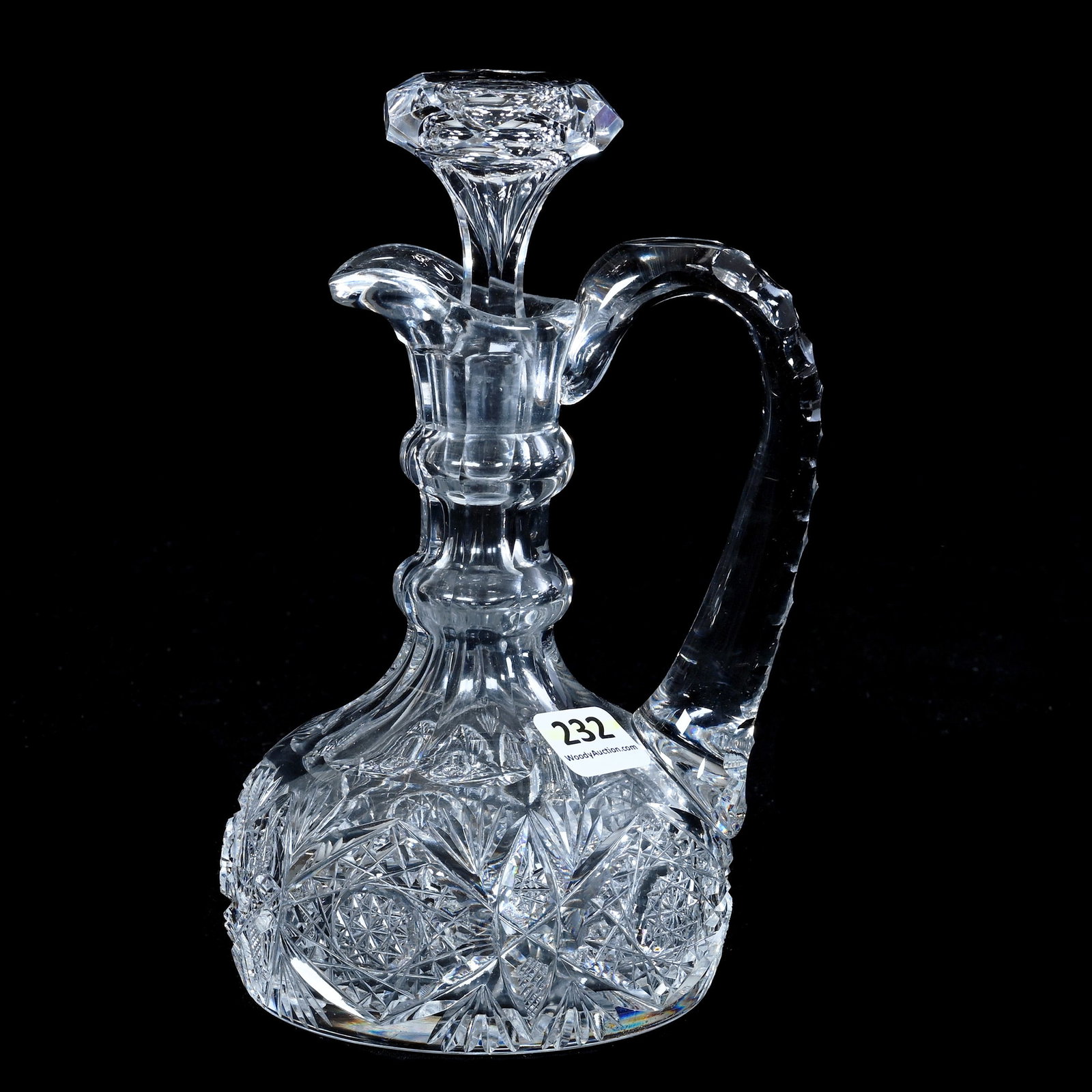Cruet, American Brilliant Cut Glass: Cruet, American Brilliant Cut Glass, 7.25 x 4.25 x 4 Inches, Hobstar, Vesica, And Fan Motif, Triple Notched Handle, Double Good Neck, Ray Cut Base, 1.9 Pounds, Mitchell Caughman Collection, Colorado. 