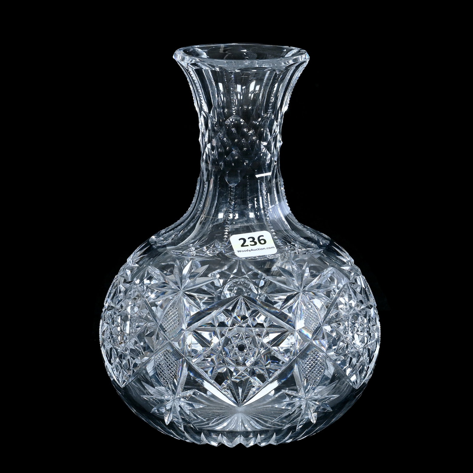 Water Carafe, American Brilliant Cut Glass: Water Carafe, American Brilliant Cut Glass, 8.25 x 5.75 x 5.75 Inches, Hobstar, Vesica, Crosscutting, And Fan Motif, Ray Cut Base, Small Rim Roughness, 2.6 Pounds, Mitchell Caughman Collection, Colora