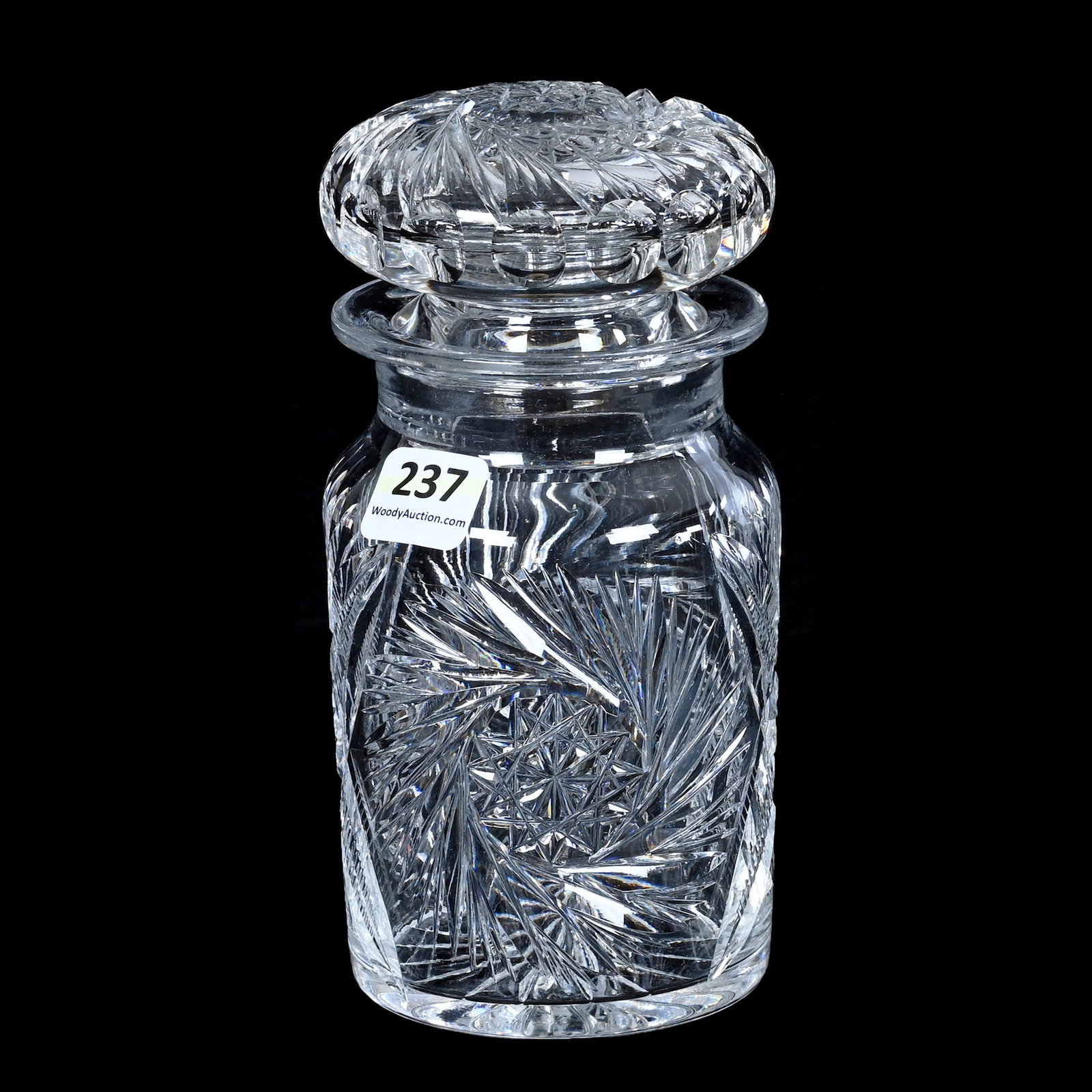 Cigarette Jar, American Brilliant Cut Glass: Cigarette Jar, American Brilliant Cut Glass, 6 x 3.25 x 3.25 Inches, Pinwheel, Vesica, Star, Miter, And Fan Motif, Pinwheel Cut Lid, Ray Cut Base, 1.7 Pounds, Mitchell Caughman Collection, Colorado. E