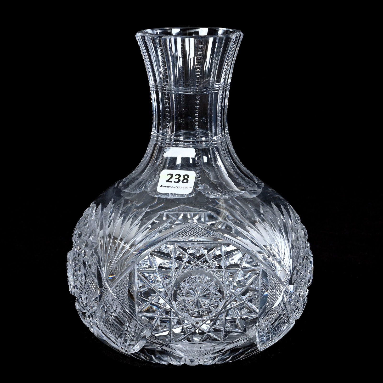 Water Carafe, American Brilliant Cut Glass: Water Carafe, American Brilliant Cut Glass, 8 x 6 x 6 Inches, Hobstar, Crosscutting, Miter, And Fan Motif, Ray Cut Base, 3.2 Pounds, Mitchell Caughman Collection, Colorado. Effective 6/6/26, All LiveA