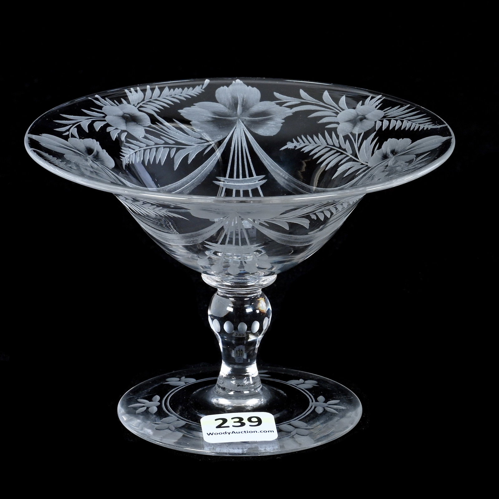 Compote, American Brilliant Cut Glass, Signed Libbey: Compote, American Brilliant Cut Glass, Signed Libbey, 3.5 x 5 x 5 Inches, Engraved Floral Motif With Pattern Engraved Foot, 0.4 Pounds, Mitchell Caughman Collection, Colorado. Effective 6/6/26, All Li
