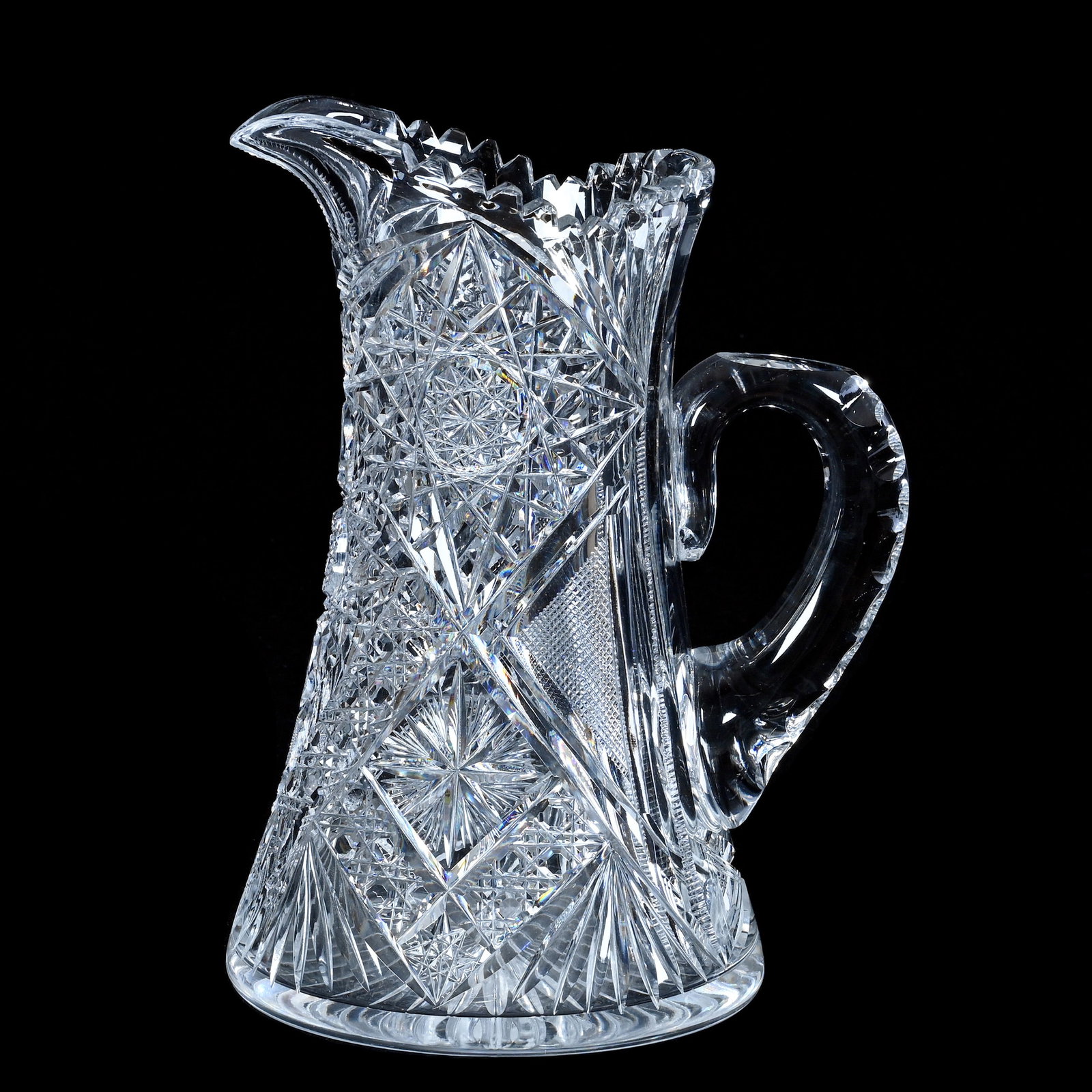 Water Pitcher, American Brilliant Cut Glass: Water Pitcher, American Brilliant Cut Glass, 10.25 x 7.75 x 6 Inches, Hobstar, Cane, Crosscutting, Star, And Fan Motif, Double Notched Handle, Ray Cut Base, Rim Nicks, 6.4 Pounds, Mitchell Caughman Co