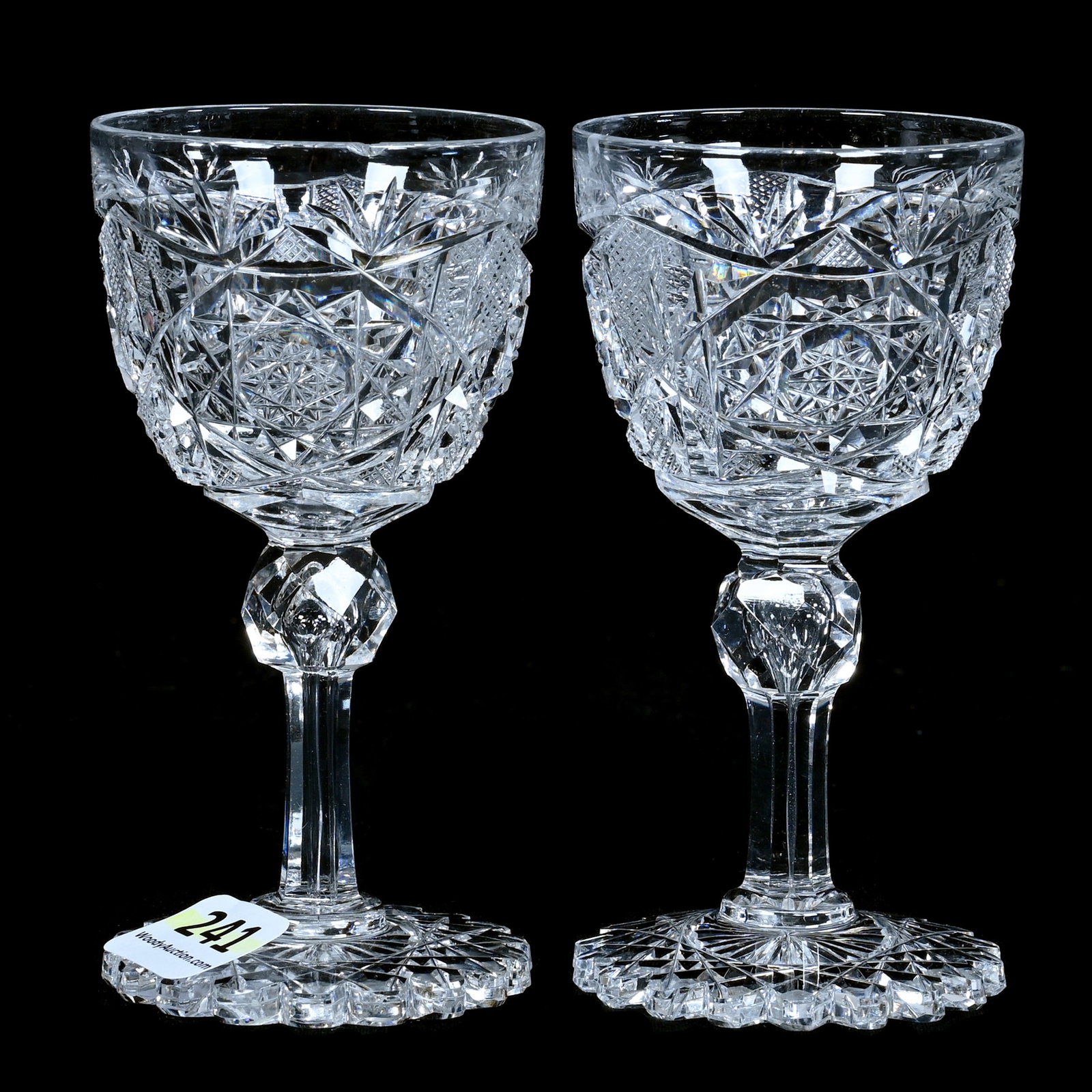 Pair Cordials, American Brilliant Cut Glass, Signed J. Hoare, Acme Pattern: Pair Cordials, American Brilliant Cut Glass, Signed J. Hoare, Acme Pattern, 4 x 2 x 2 Inches, Scalloped Hobstar Foot, Both With Small Rim Nicks, 0.5 Pounds, Mitchell Caughman Collection, Colorado. Eff