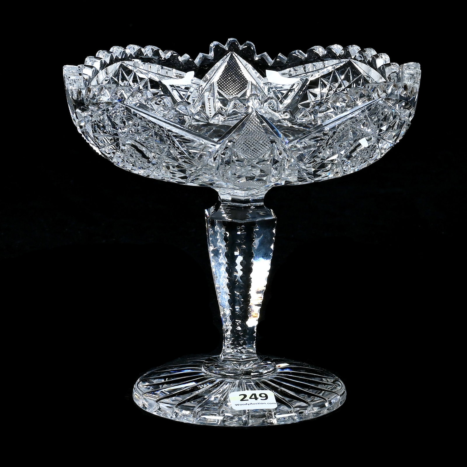 Compote, American Brilliant Cut Glass: Compote, American Brilliant Cut Glass, 6.75 x 7 x 7 Inches, Hobstar, Crosscutting, Prism, And Miter Motif, Notched Six-Sided Stem, Ray Cut Foot, 2.9 Pounds, Mitchell Caughman Collection, Colorado. Eff