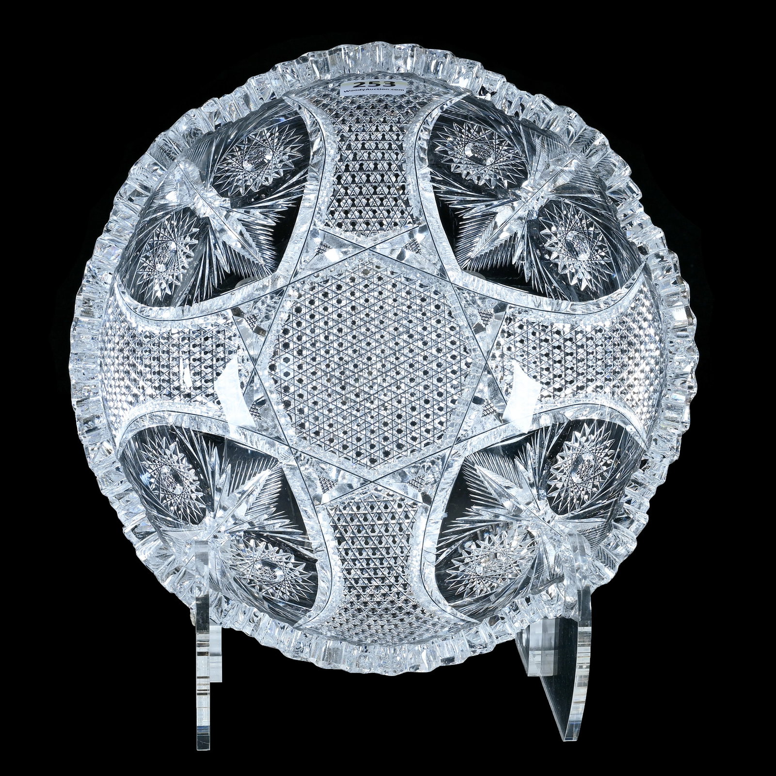 Bowl, American Brilliant Cut Glass: Bowl, American Brilliant Cut Glass, 8.25 x 8.25 x 3.5 Inches, Four Alternating Sections Of Nailhead Diamond With Four Shield Shaped Panels Featuring Owl Face Design Of Hobstar And Fans, Hard To See Cr