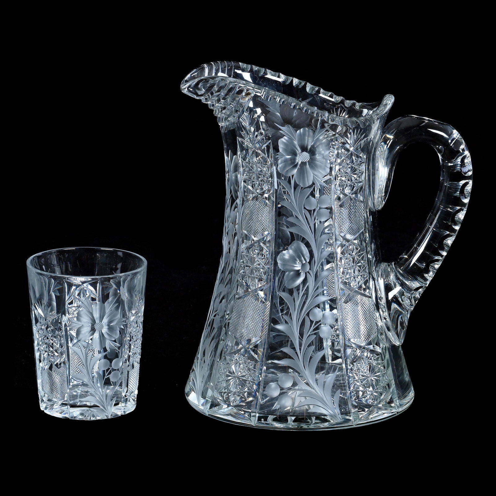 Water Pitcher And Tumbler, American Brilliant Cut Glass, Signed Tuthill, Primrose Pattern (1 of 3)