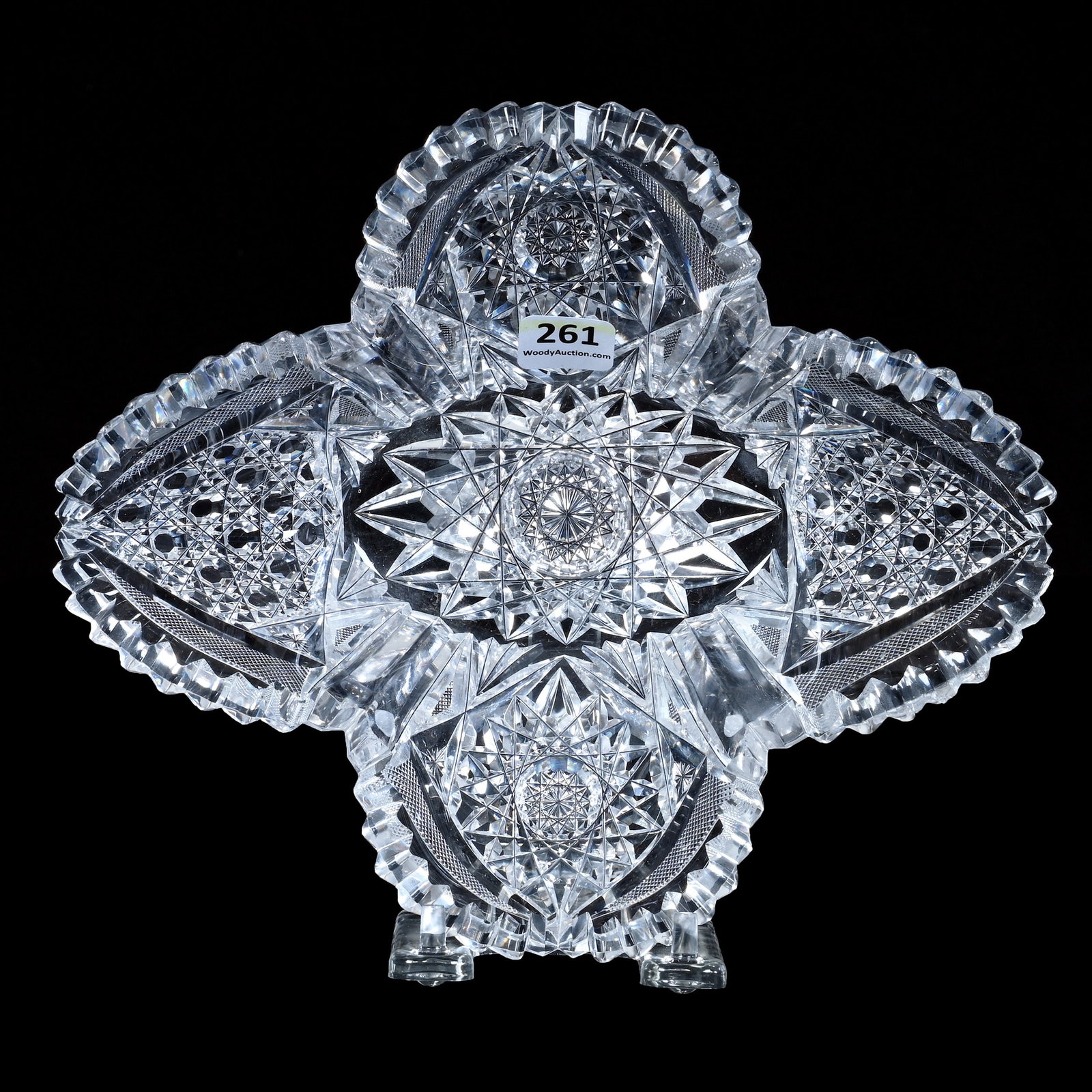 Blown Mold Bowl, American Brilliant Cut Glass: Blown Mold Bowl, American Brilliant Cut Glass, 9 x 7.5 x 2.5 Inches, Hobstar, Cane, Crosscutting, And Fan Motif, Clear Blank, Three Tooth Chips, 2.3 Pounds, Mitchell Caughman Collection, Colorado. Eff