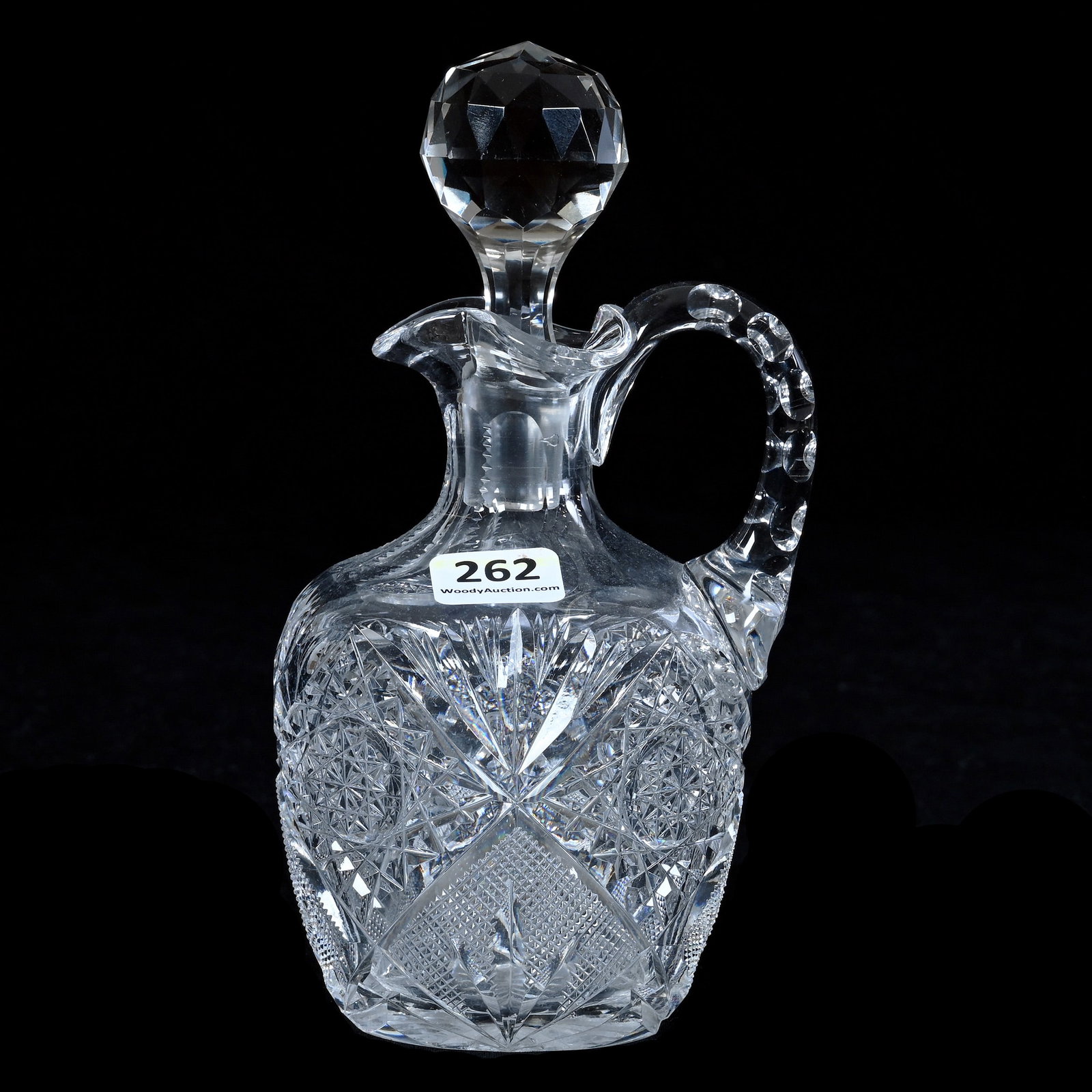 Cruet, American Brilliant Cut Glass, Signed Hawkes: Cruet, American Brilliant Cut Glass, Signed Hawkes, 6.75 x 3.5 x 3.25 Inches, Pattern Resembles Lotus By Egginton, Ray Cut Base, 1.2 Pounds, Mitchell Caughman Collection, Colorado. Effective 6/6/26, A