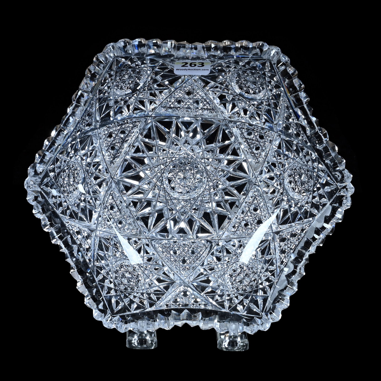 Six-Sided Bowl, American Brilliant Cut Glass: Six-Sided Bowl, American Brilliant Cut Glass, 8 x 7 x 2 Inches, Hobstar And Cane Motif, Rim Chip, 2 Pounds, Mitchell Caughman Collection, Colorado. Effective 6/6/26, All LiveAuctioneers Invoices Must 