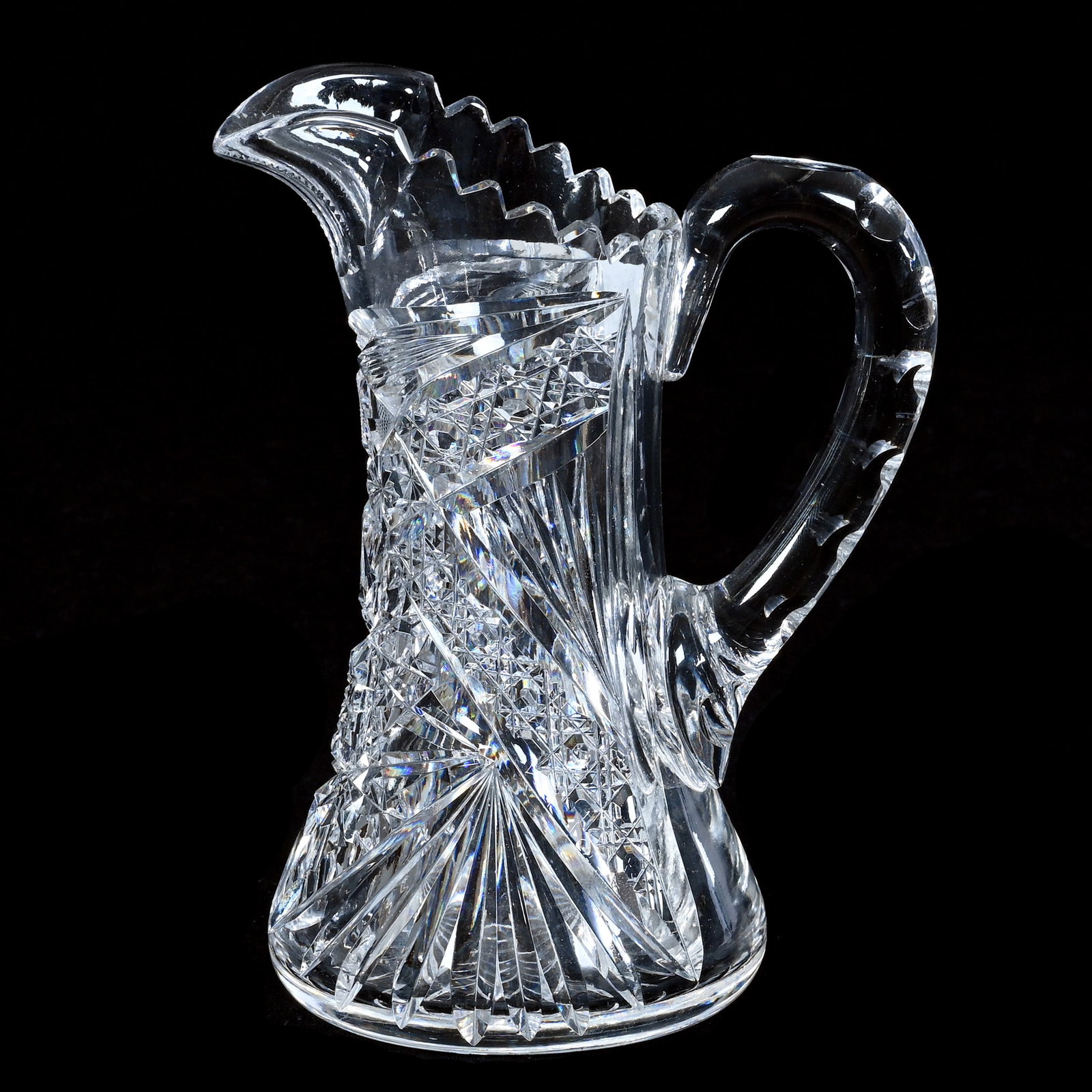 Small Pitcher, American Brilliant Cut Glass: Small Pitcher, American Brilliant Cut Glass, 7 x 5.25 x 3.75 Inches, Hobstar, Cane, Crosscutting, Star, And Fan Motif, Double Notched Handle, Ray Cut Base, 1.6 Pounds, Mitchell Caughman Collection, Co