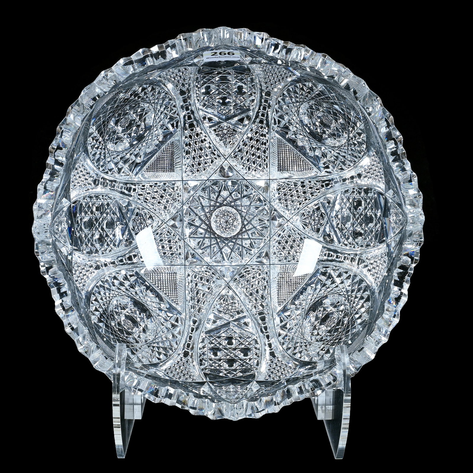 Bowl, American Brilliant Cut Glass: Bowl, American Brilliant Cut Glass, 9.25 x 9.25 x 4 Inches, Four Alternating Sections Of Hobstar, Vesica, Cane, Nailhead Diamond, And Prism Motif, One Tooth Chip, 4.3 Pounds, Mitchell Caughman Collect