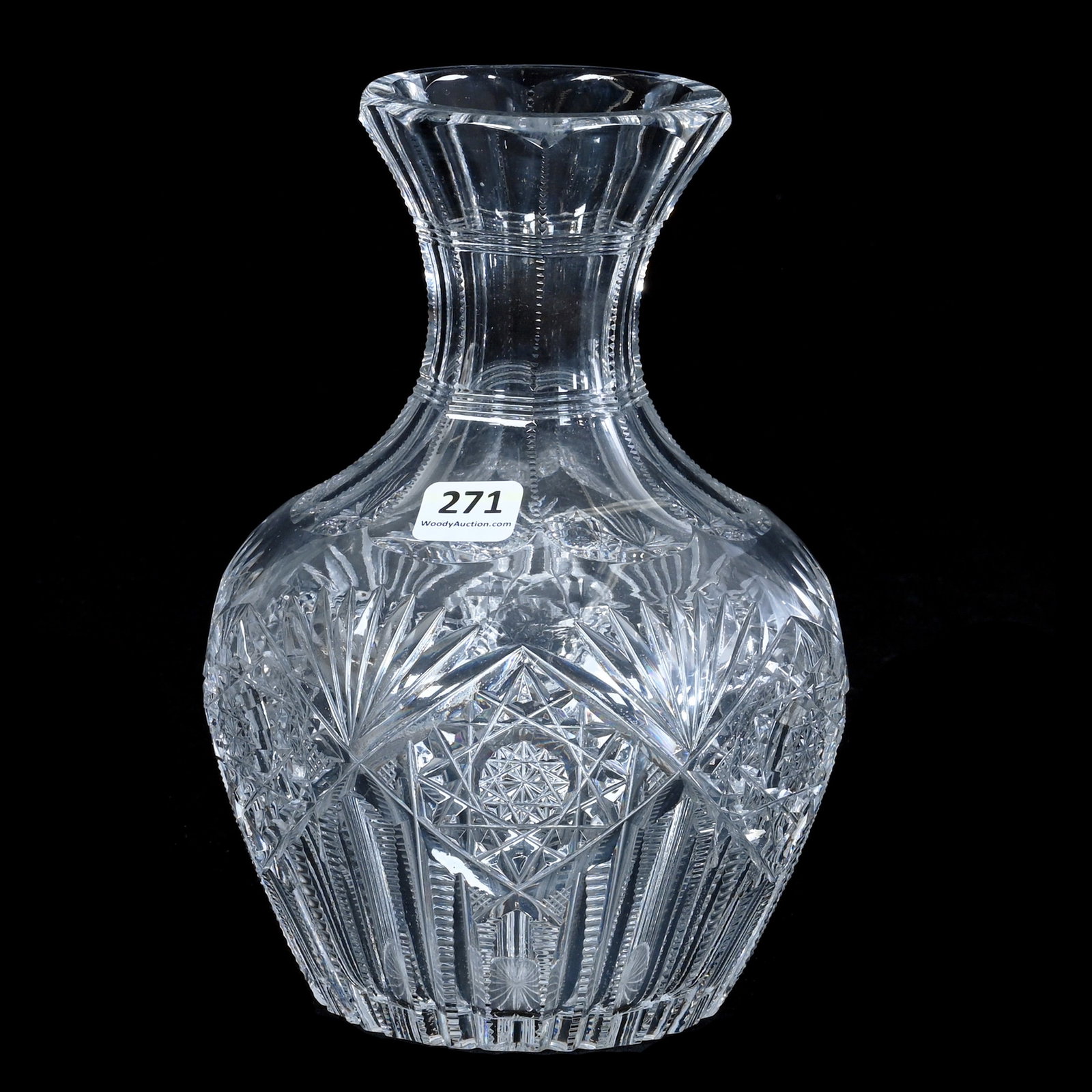 Water Carafe, American Brilliant Cut Glass, Hindoo Pattern By J. Hoare: Water Carafe, American Brilliant Cut Glass, Hindoo Pattern By J. Hoare, 8 x 5.75 x 5.75 Inches, Ray Cut Base, 3.4 Pounds, Mitchell Caughman Collection, Colorado. Effective 6/6/26, All LiveAuctioneers 