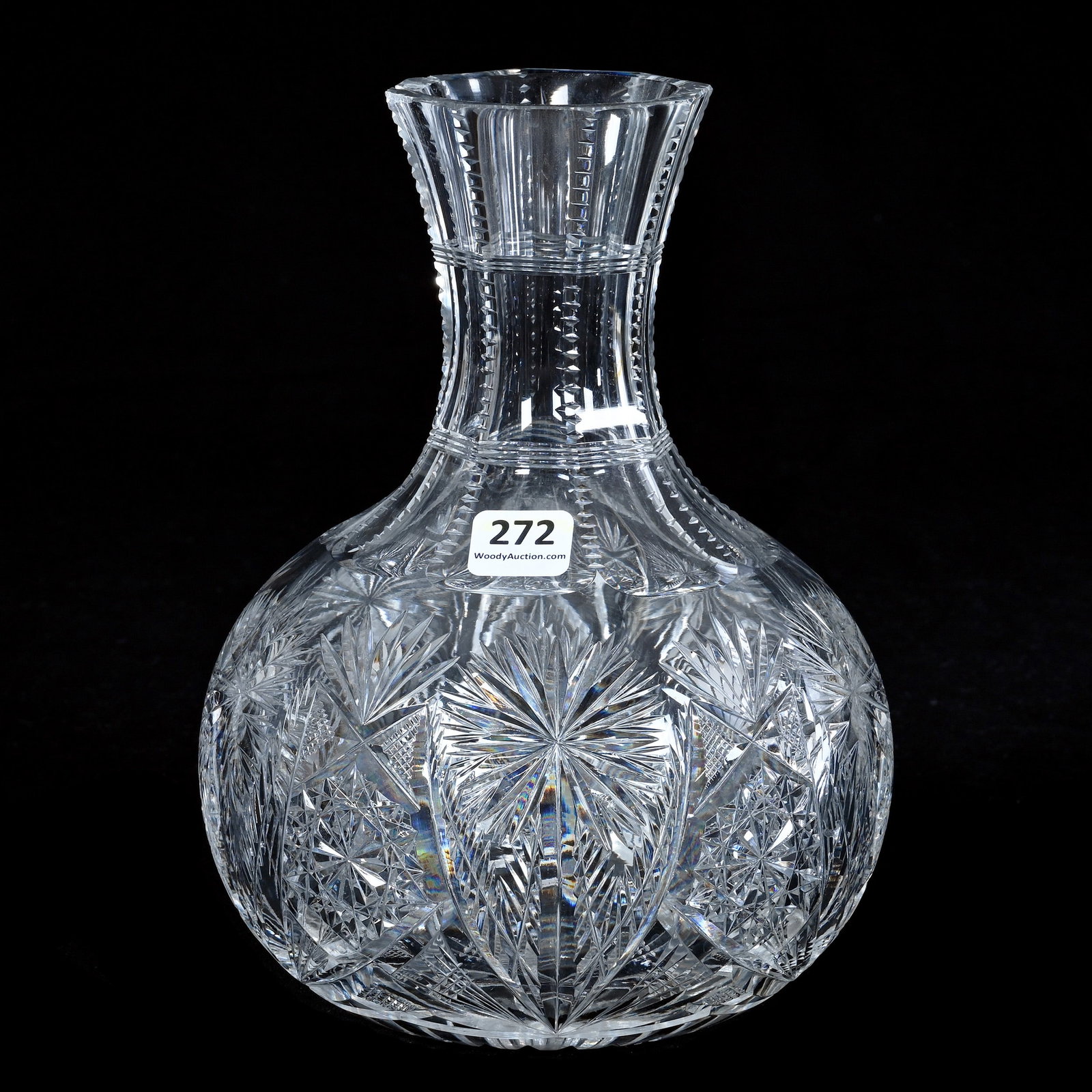 Water Carafe, American Brilliant Cut Glass, Palm Pattern By Taylor Brothers: Water Carafe, American Brilliant Cut Glass, Palm Pattern By Taylor Brothers, 8.25 x 6 x 6 Inches, Ray Cut Base, Two Rim Chips, 3.2 Pounds, Mitchell Caughman Collection, Colorado. Effective 6/6/26, All