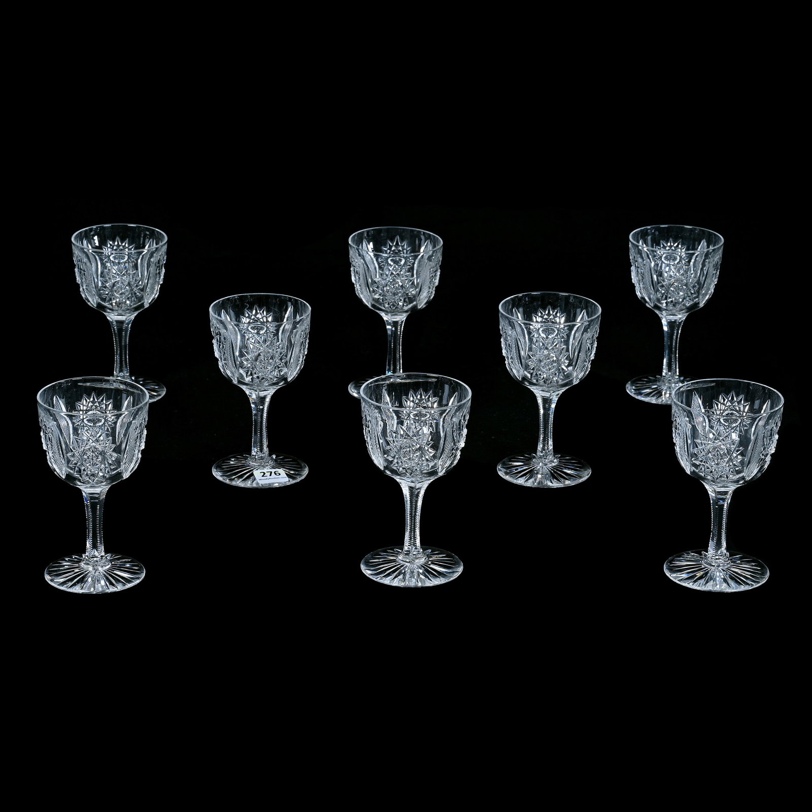 (8) Wine Stems, American Brilliant Cut Glass, Dauntless Pattern By Bergen: (8) Wine Stems, American Brilliant Cut Glass, Dauntless Pattern By Bergen, 4.75 x 2.75 x 2.75 Inches, Ray Cut Foot, Clear Blank, One Stem With Professional Rim Trim, 3.1 Pounds, Mitchell Caughman Coll