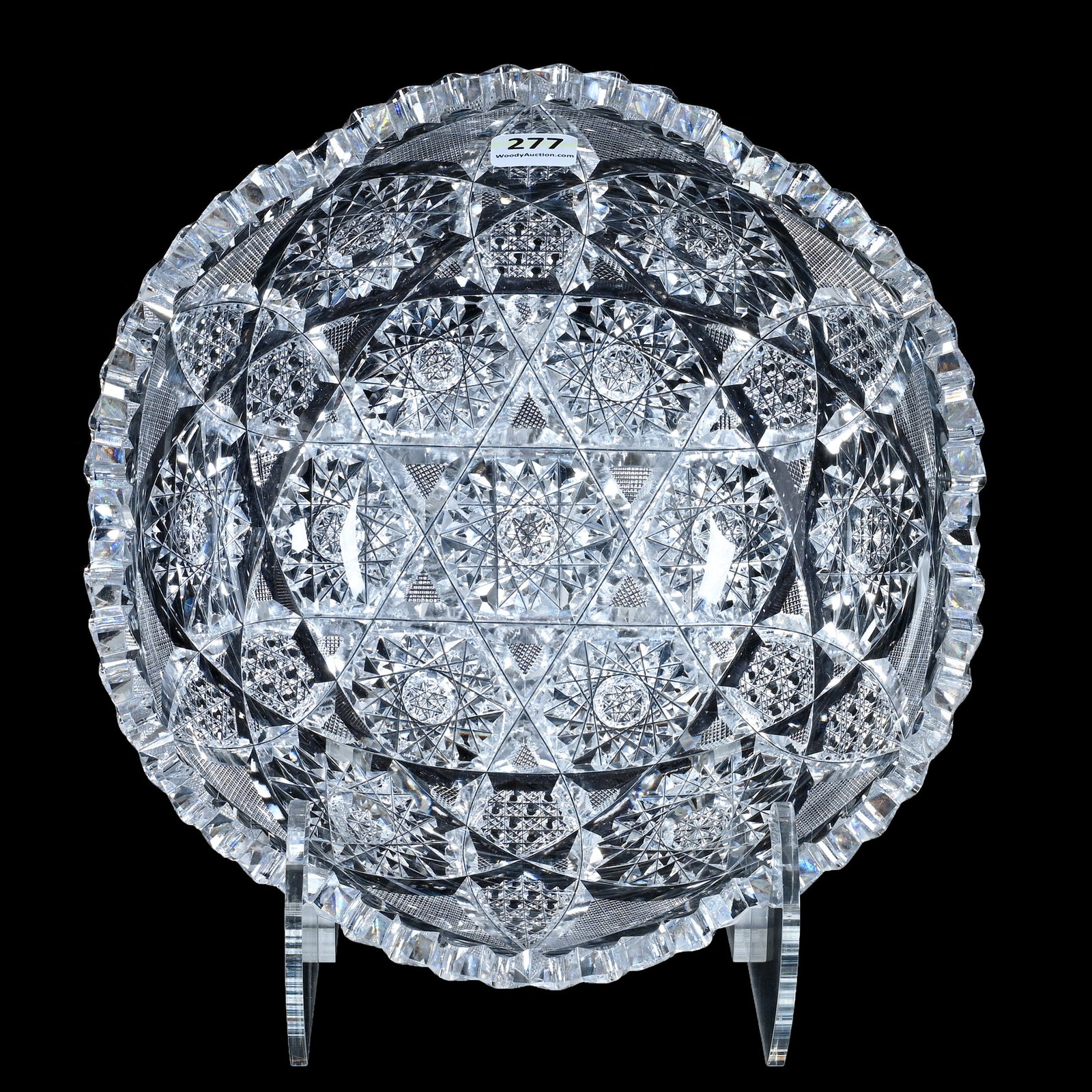 Bowl, American Brilliant Cut Glass: Bowl, American Brilliant Cut Glass, 9.25 x 9.25 x 3.75 Inches, Hobstar Cluster With Vesica, Cane, And Crosscutting Highlights, Small Outside Rim Tooth Chip, 3.8 Pounds, Mitchell Caughman Collection, C