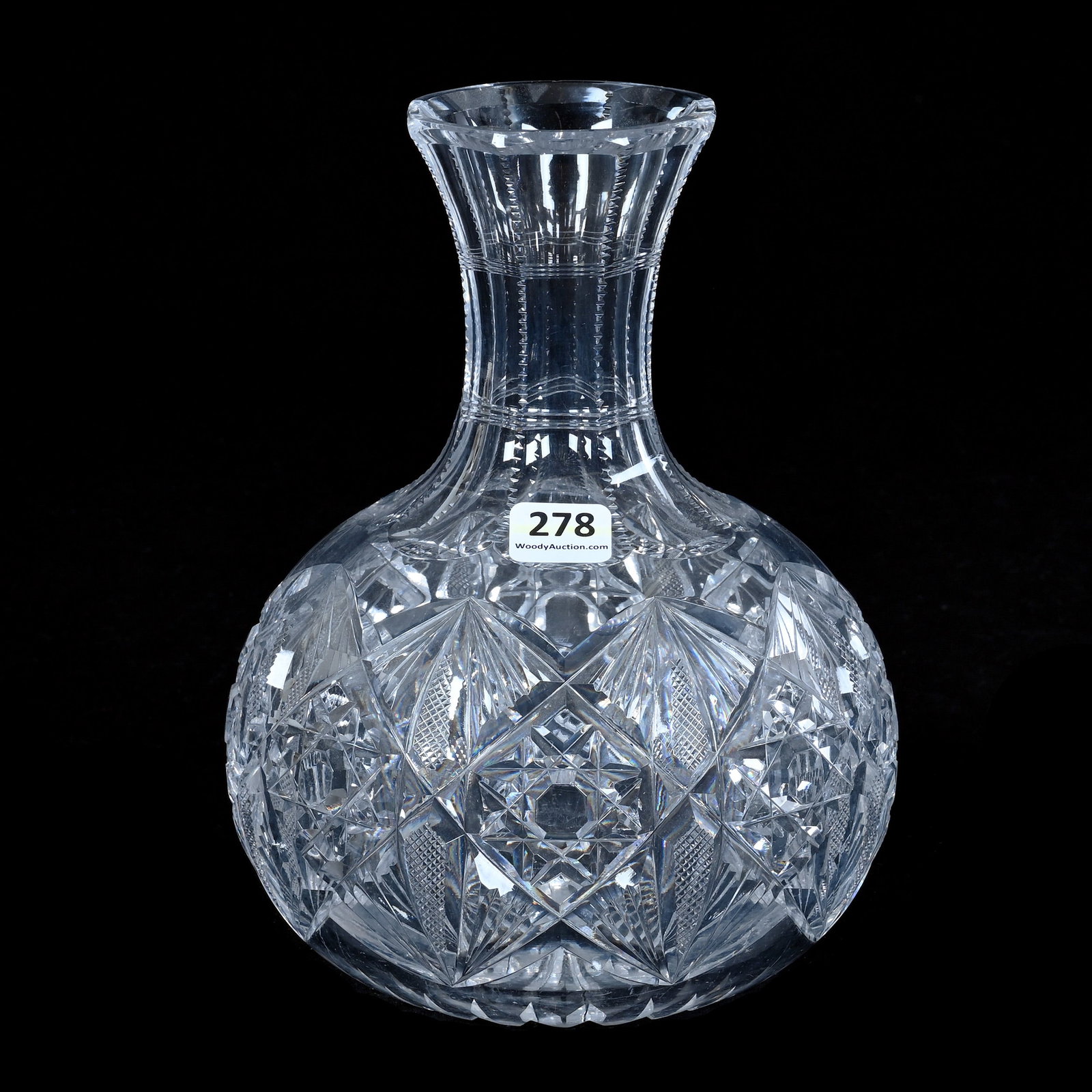 Water Carafe, American Brilliant Cut Glass, Signed Hawkes: Water Carafe, American Brilliant Cut Glass, Signed Hawkes, 8 x 6 x 6 Inches, Hobstar, Vesica, Crosscutting, And Fan Motif, Ray Cut Base, Small Rim Nick, 2.5 Pounds, Mitchell Caughman Collection, Color