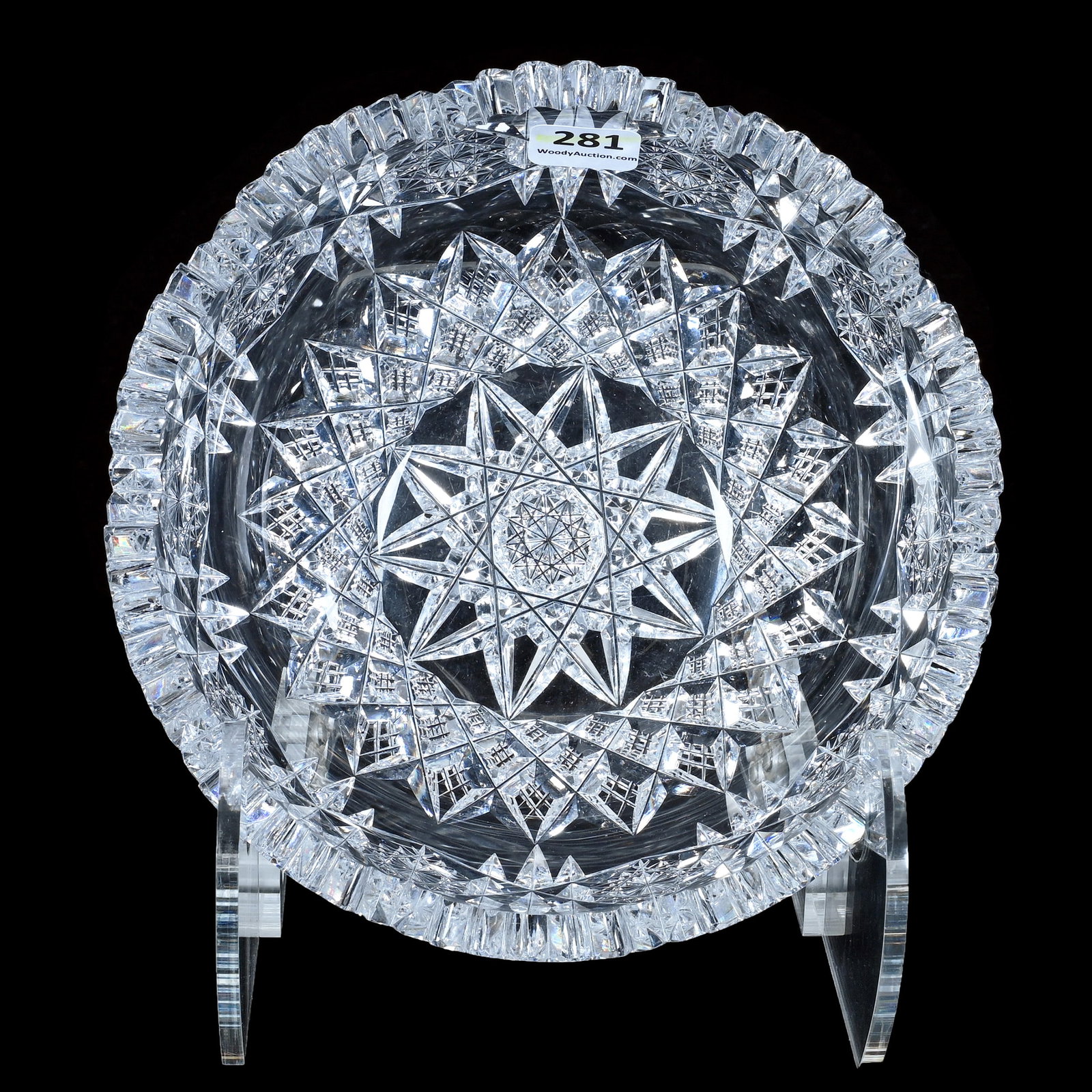 Bowl, American Brilliant Cut Glass, Signed Hawkes: Bowl, American Brilliant Cut Glass, Signed Hawkes, 7 x 7 x 3 Inches, Hobstar Center With Hobstar And Miter Border, Extra Clear Blank, 2.8 Pounds, Mitchell Caughman Collection, Colorado. Effective 6/6/