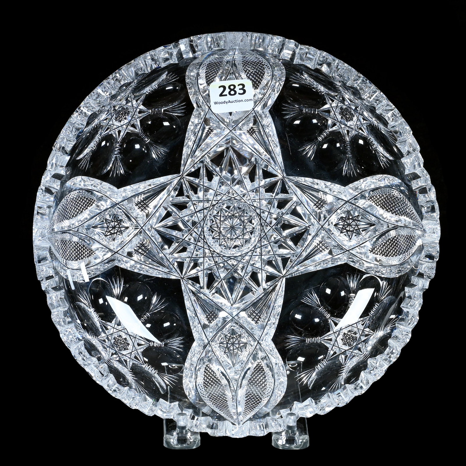 Bowl, American Brilliant Cut Glass: Bowl, American Brilliant Cut Glass, 8.25 x 8.25 x 2 Inches, Open Petal-Type Design With Vesica, Crosscutting, And Fan Highlights, Hobstar Center, Clear Blank, 2.8 Pounds, Mitchell Caughman Collection,