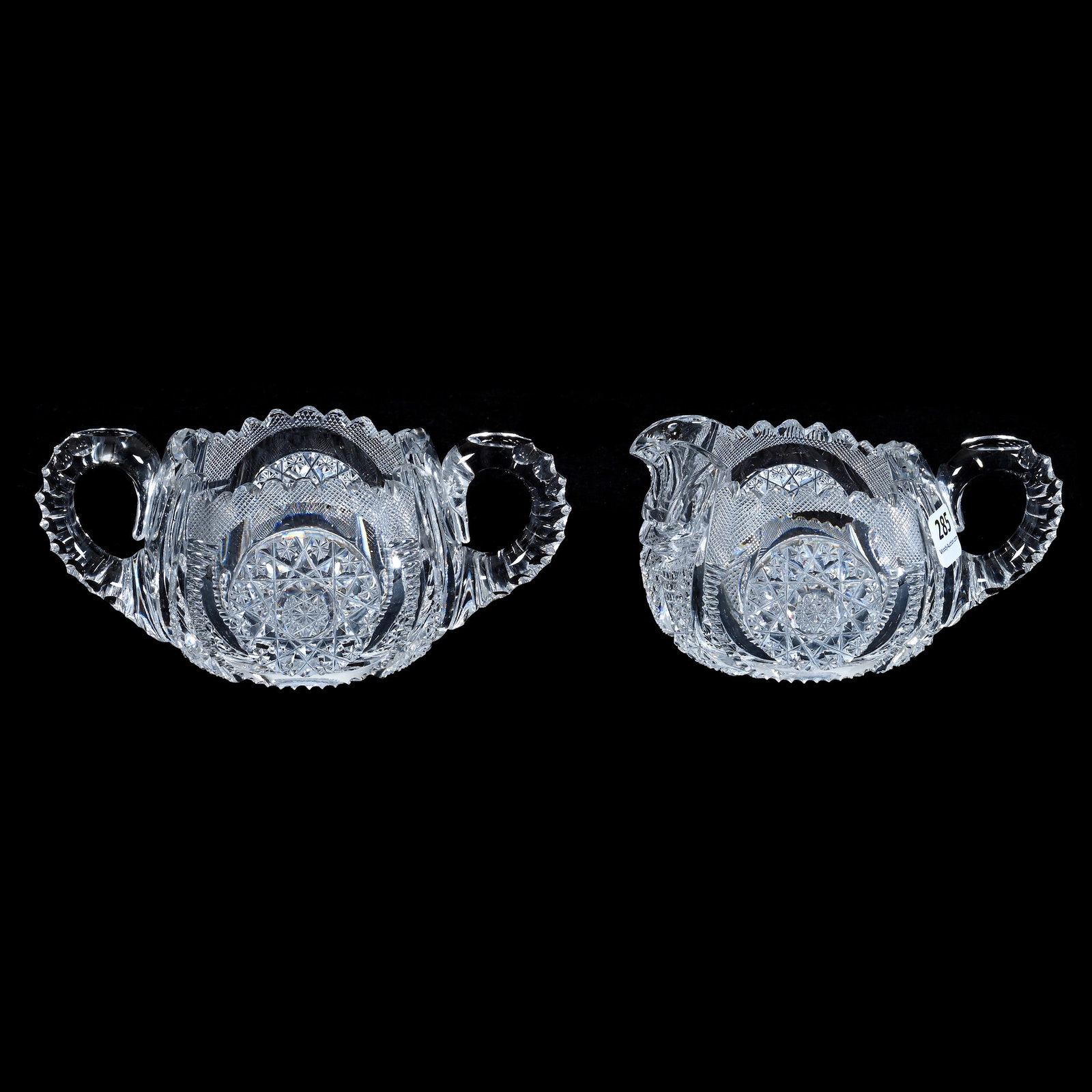Creamer And Sugar, American Brilliant Cut Glass: Creamer And Sugar, American Brilliant Cut Glass, 3 x 6.75 x 4 Inches, Finely Cut Circular Hobstars With Russian, Prism, And Crosscutting Highlights, Triple Notched Handles, Hobstar Base, One Sugar Han