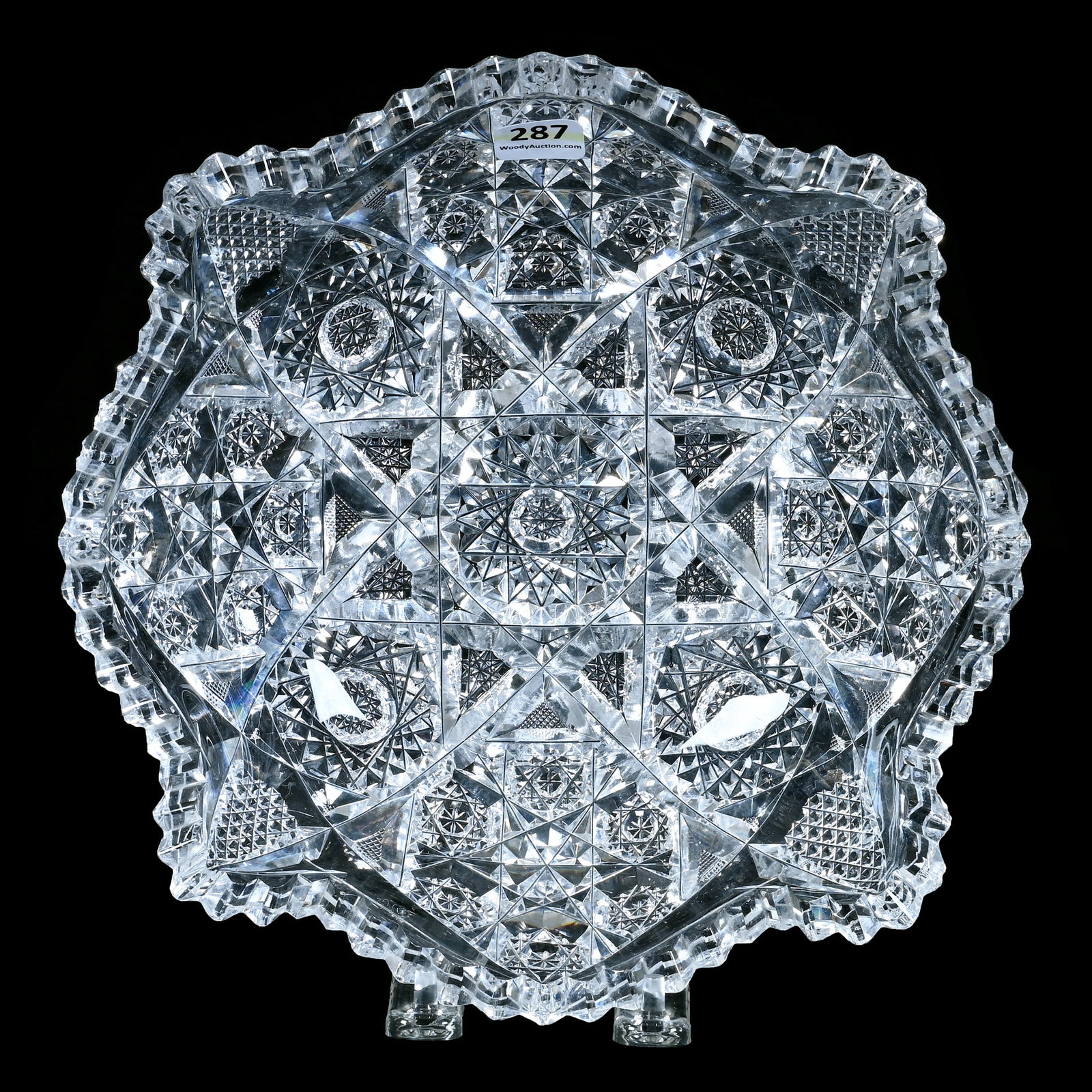 Bowl, American Brilliant Cut Glass: Bowl, American Brilliant Cut Glass, 9.25 x 9.25 x 2.5 Inches, Four Alternating Sections Of Hobstar, Nailhead Diamond, Vesica, And Hobstar Cluster Motif, Outside Rim Chip, 2.9 Pounds, Robert H. Meyer E