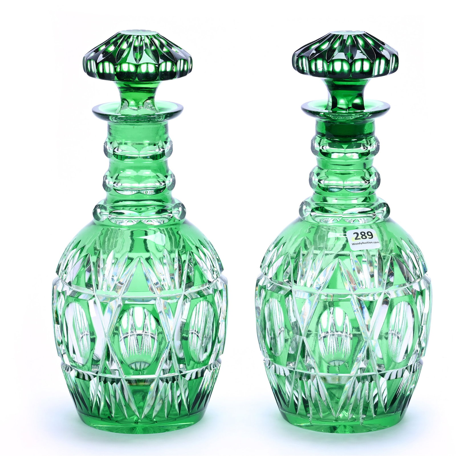 Pair Decanters, Brilliant Period Cut Glass, Green Cut To Clear (1 of 3)