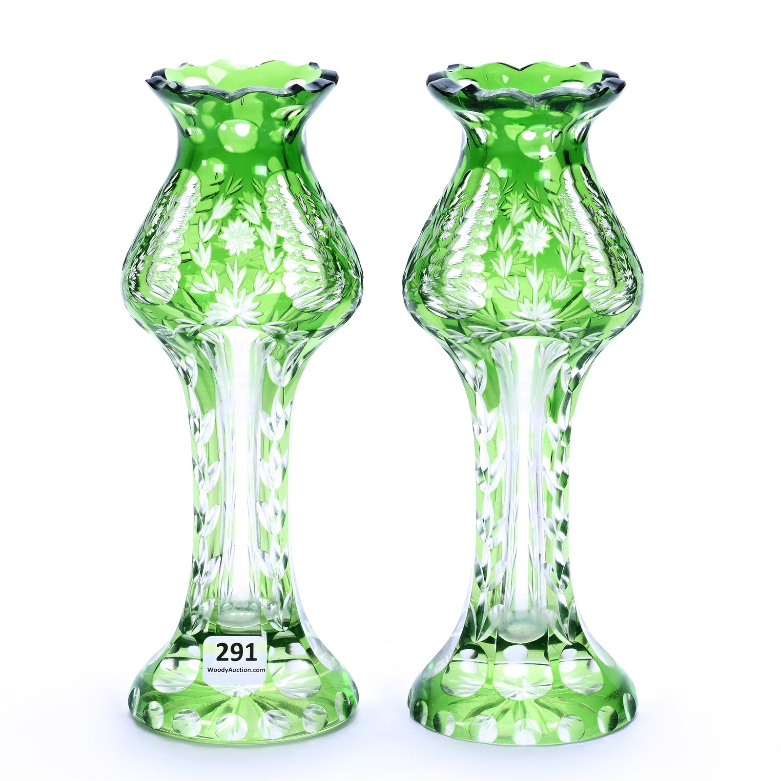 Pair Vases, Brilliant Period Cut Glass, Green Cut To Clear (1 of 4)
