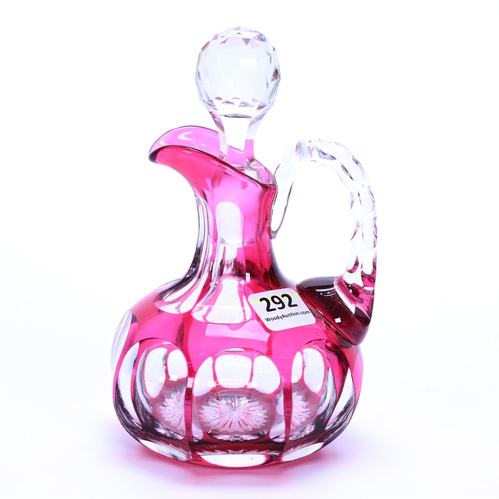 Cruet Bottle, American Brilliant Cut Glass, Cranberry Cut To Clear: Cruet Bottle, American Brilliant Cut Glass, Cranberry Cut To Clear, 6 x 3.75 x 3.5 Inches, Flute Pattern, Ray Cut Base, 1.2 Pounds, Robert H. Meyer Estate Collection. Effective 6/6/26, All LiveAuction