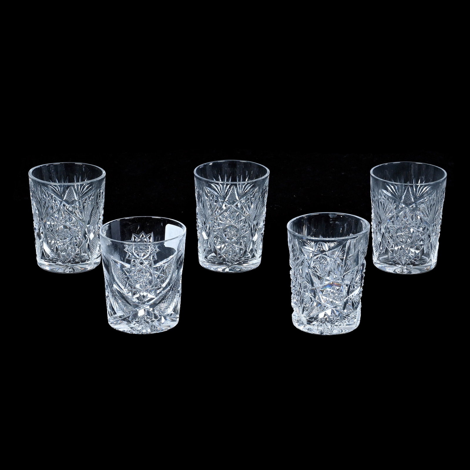 (5) Whiskey Tumblers, American Brilliant Cut Glass: (5) Whiskey Tumblers, American Brilliant Cut Glass, 2.75 x 2 x 2 Inches, (3) Hobstar, Crosscutting, And Fan Motif, (1) Hobstar, Crosscutting, Star, And Fan Motif, And (1) Meriden Florence Pattern With