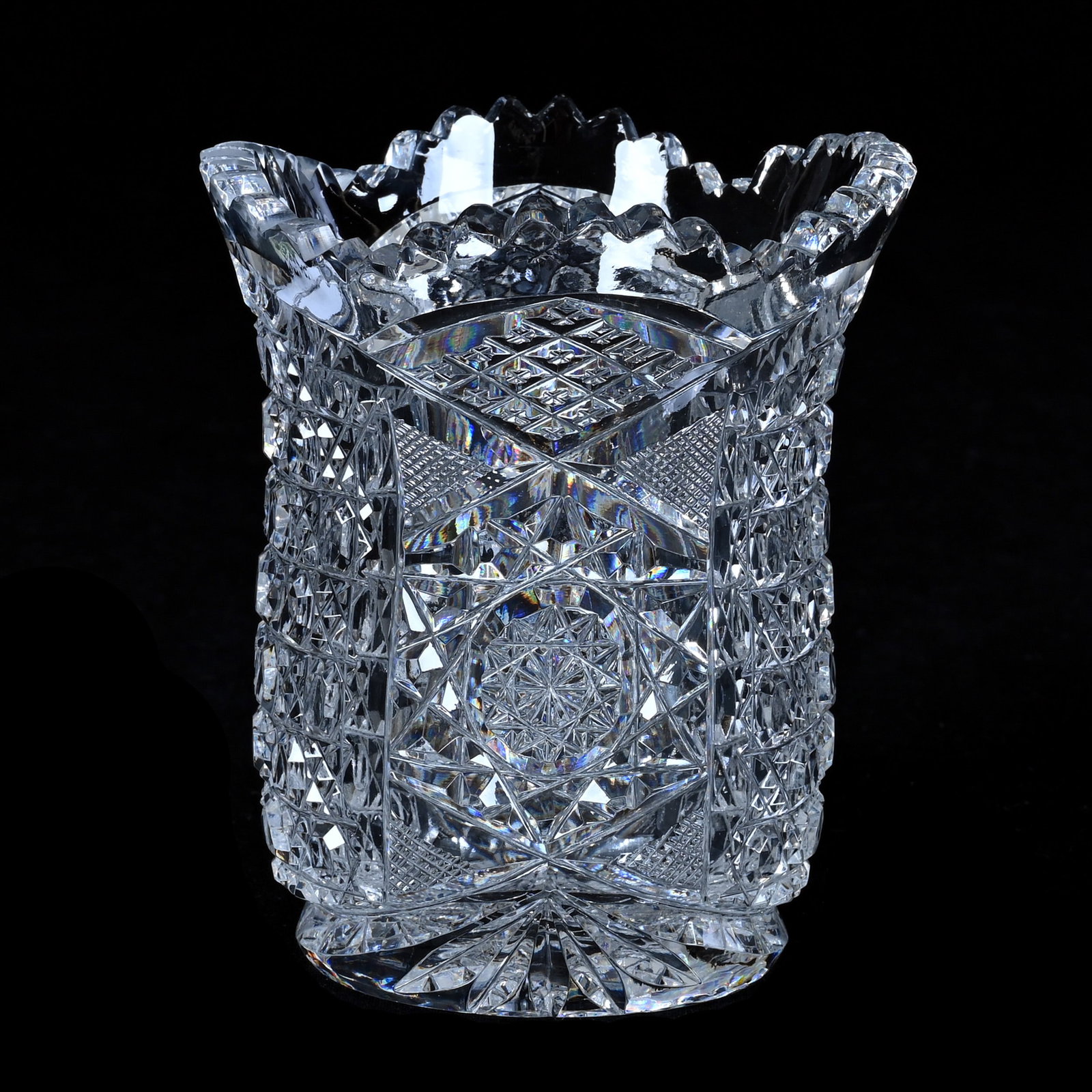 Spooner, American Brilliant Cut Glass: Spooner, American Brilliant Cut Glass, 4.5 x 3.75 x 3.75 Inches, Hobstar, Cane, Crosscutting, Quarter Diamond, And Fan Motif, Hobstar Base, 1.2 Pounds, Robert H. Meyer Estate Collection. Effective 6/6