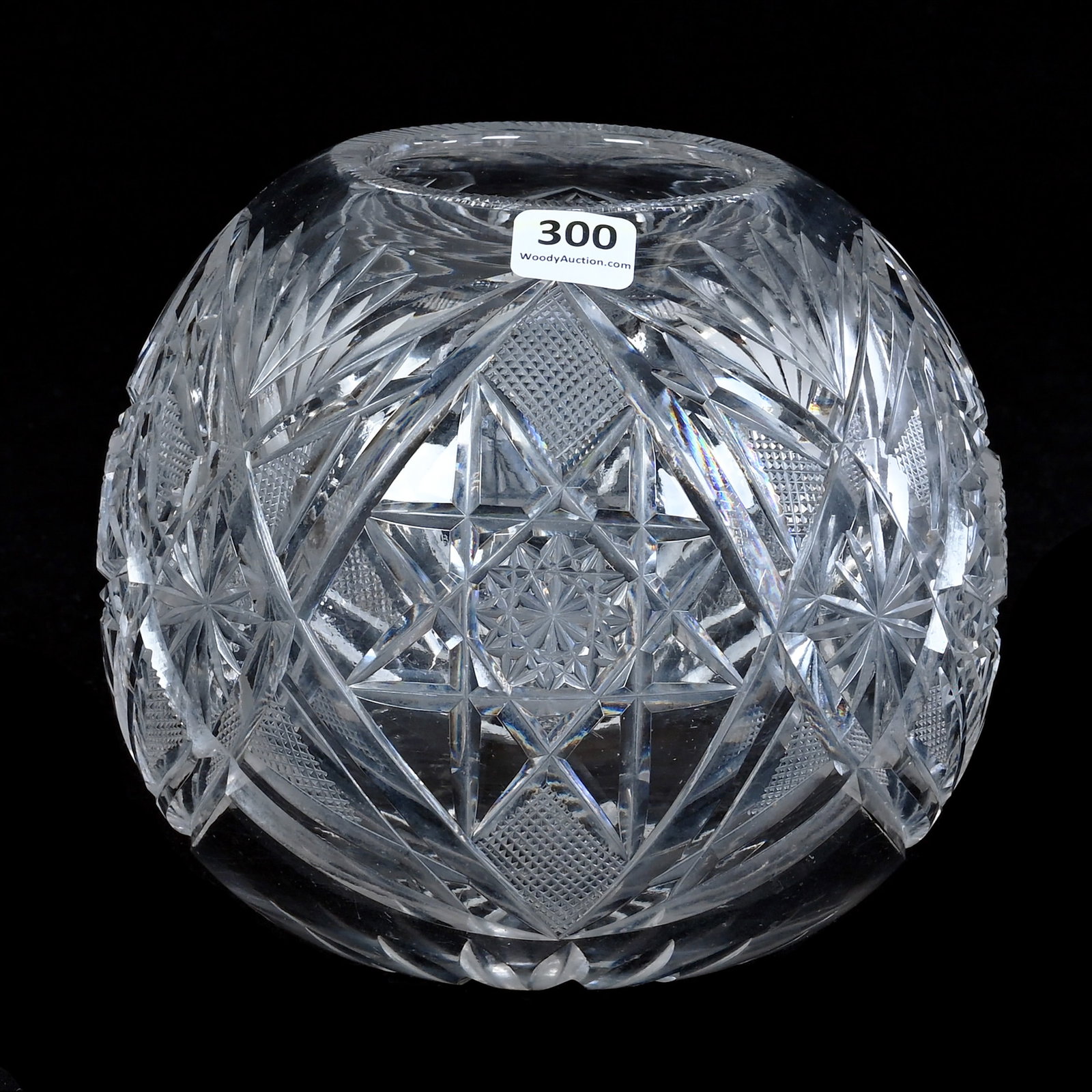 Rose Bowl, American Brilliant Cut Glass: Rose Bowl, American Brilliant Cut Glass, 6 x 6.5 x 6.5 Inches, Hobstar, Vesica, Crosscutting, Star, And Fan Motif, Ray Cut Base, 4.6 Pounds, Robert H. Meyer Estate Collection. Effective 6/6/26, All Li