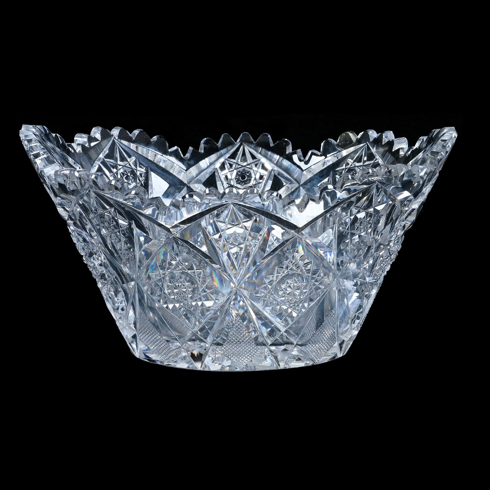 Oval Bowl, American Brilliant Cut Glass, Signed Hawkes, Gladys Pattern: Oval Bowl, American Brilliant Cut Glass, Signed Hawkes, Gladys Pattern, 8.5 x 6 x 4.5 Inches, Hobstar Base, Outside Rim Tooth Chip, 3.1 Pounds, David Libby Collection, Indiana. Effective 6/6/26, All L