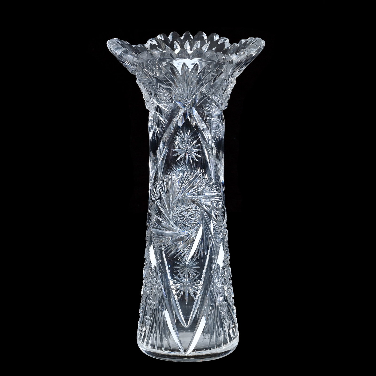 Vase, American Brilliant Cut Glass: Vase, American Brilliant Cut Glass, 10.5 x 5.25 x 5.25 Inches, Pinwheel, Cane, Star, And Fan Motif, Ray Cut Base, 3.3 Pounds, David Libby Collection, Indiana. Effective 6/6/26, All LiveAuctioneers Inv