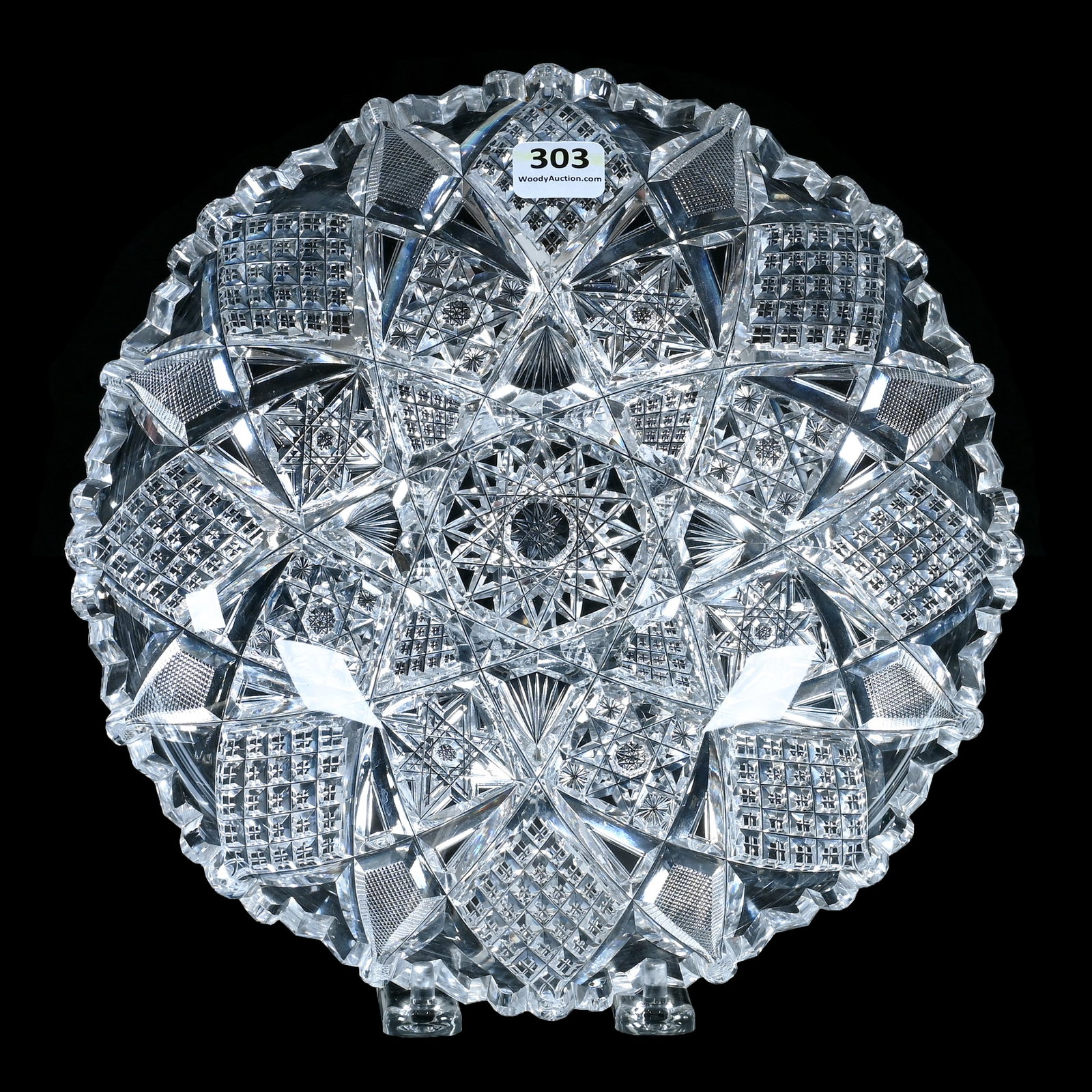 Bowl, American Brilliant Cut Glass: Bowl, American Brilliant Cut Glass, 9 x 9 x 2 Inches, Eight Alternating Sections Of Hobstar, Vesica, Quarter Diamond, Crosscutting, Star, And Fan Motif, Clear Blank, 2.7 Pounds, David Libby Collection