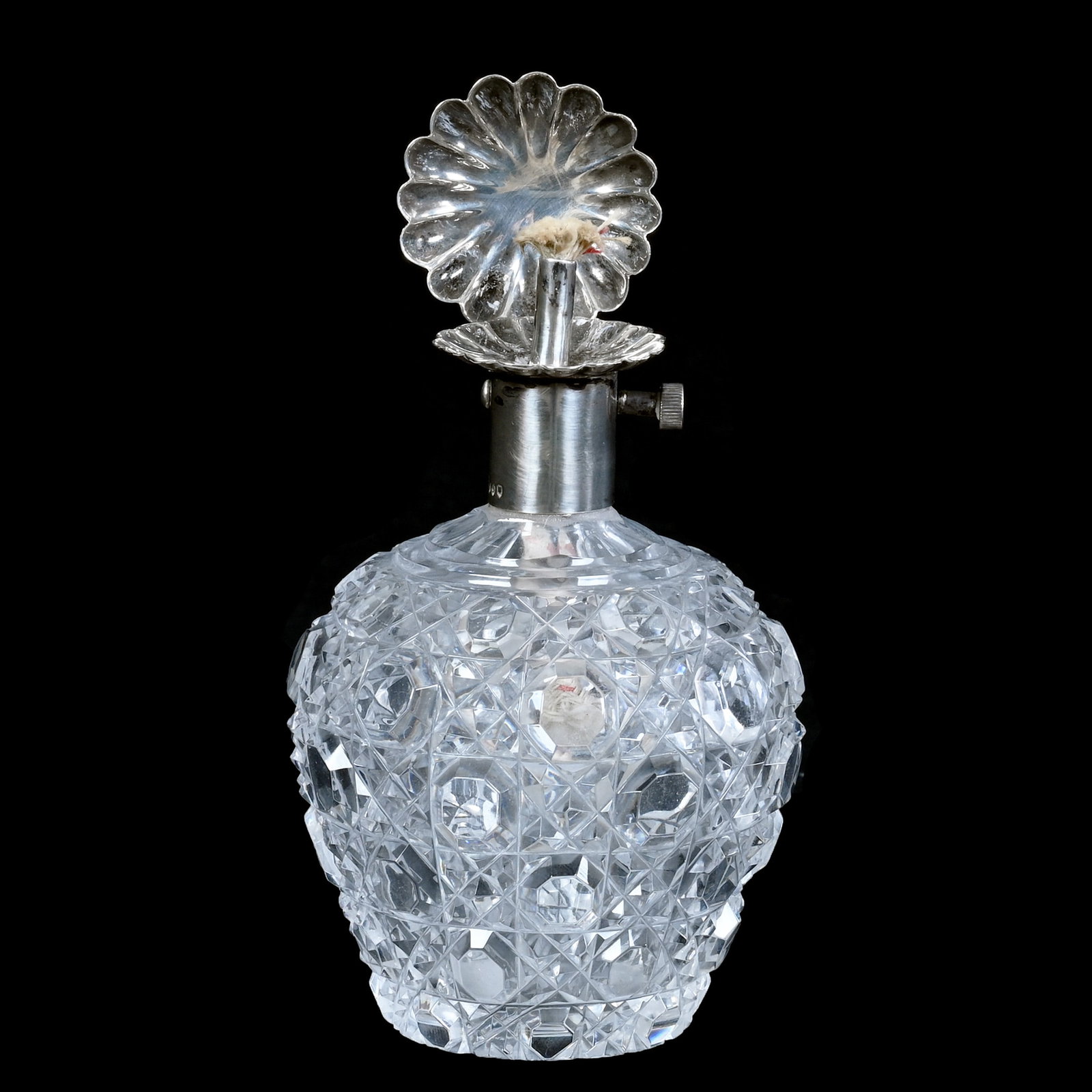Kerosene Lamp, Brilliant Period Cut Glass: Kerosene Lamp, Brilliant Period Cut Glass, 5.5 x 3 x 3 Inches, Cane Pattern, Sterling Silver Top With Scalloped Reflector, London, England Mark Dated 1889, 0.5 Pounds, David Libby Collection, Indiana.